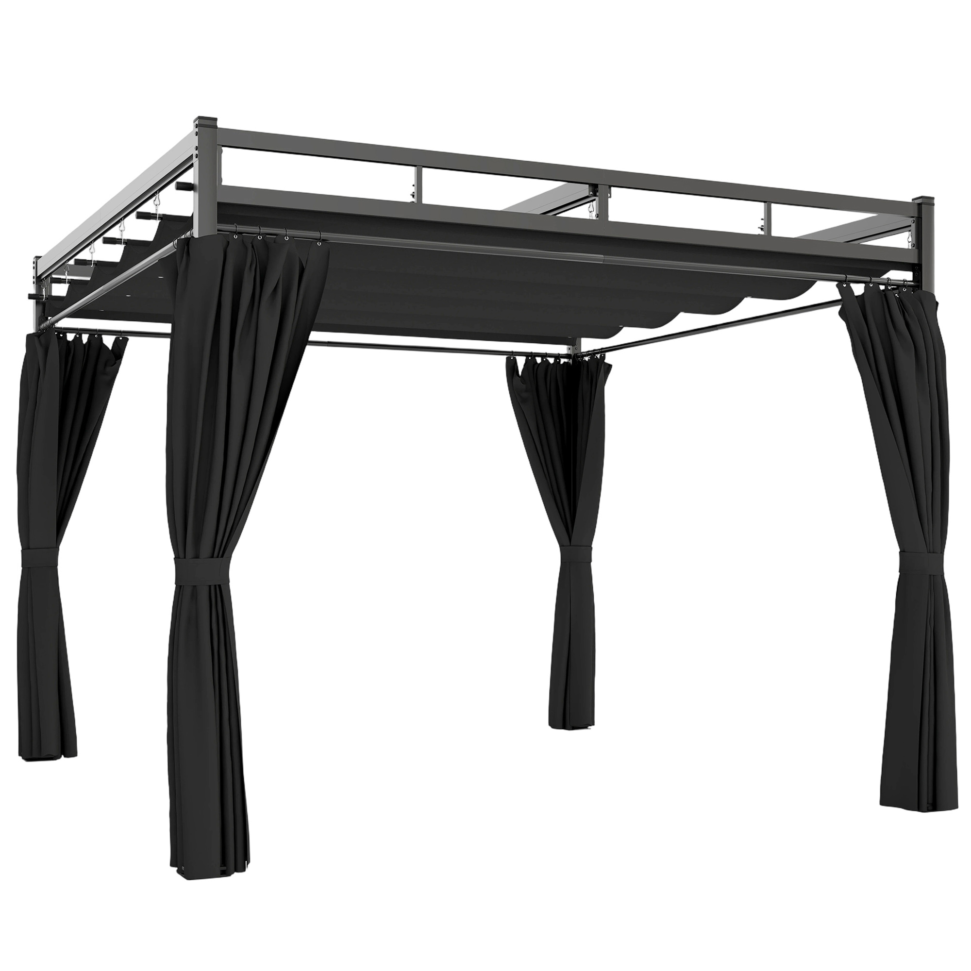 Outsunny 3 x 3 m Pergola with Retractable Roof Canopy and Curtains, UPF30+ Metal Frame Garden Pergola Gazebo Sun Shade, Dark Grey