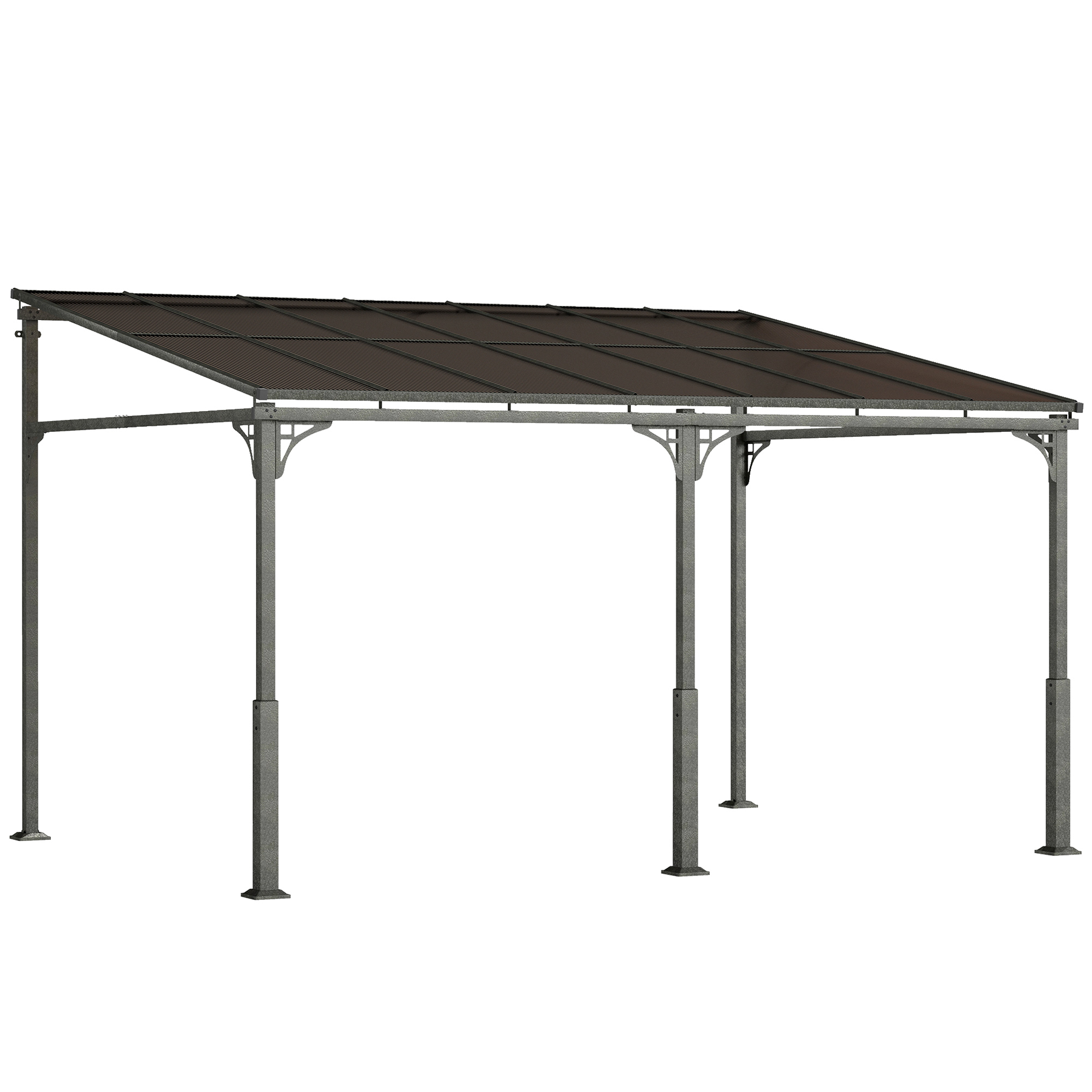 Outsunny 4 x 3 m Metal Lean-to Pergola, Wall-Mounted Garden Pergola with Polycarbonate Roof and Metal-Aluminium Frame, Heavy Duty Hardtop Gazebo for Outdoor Patios, BBQ, Brown