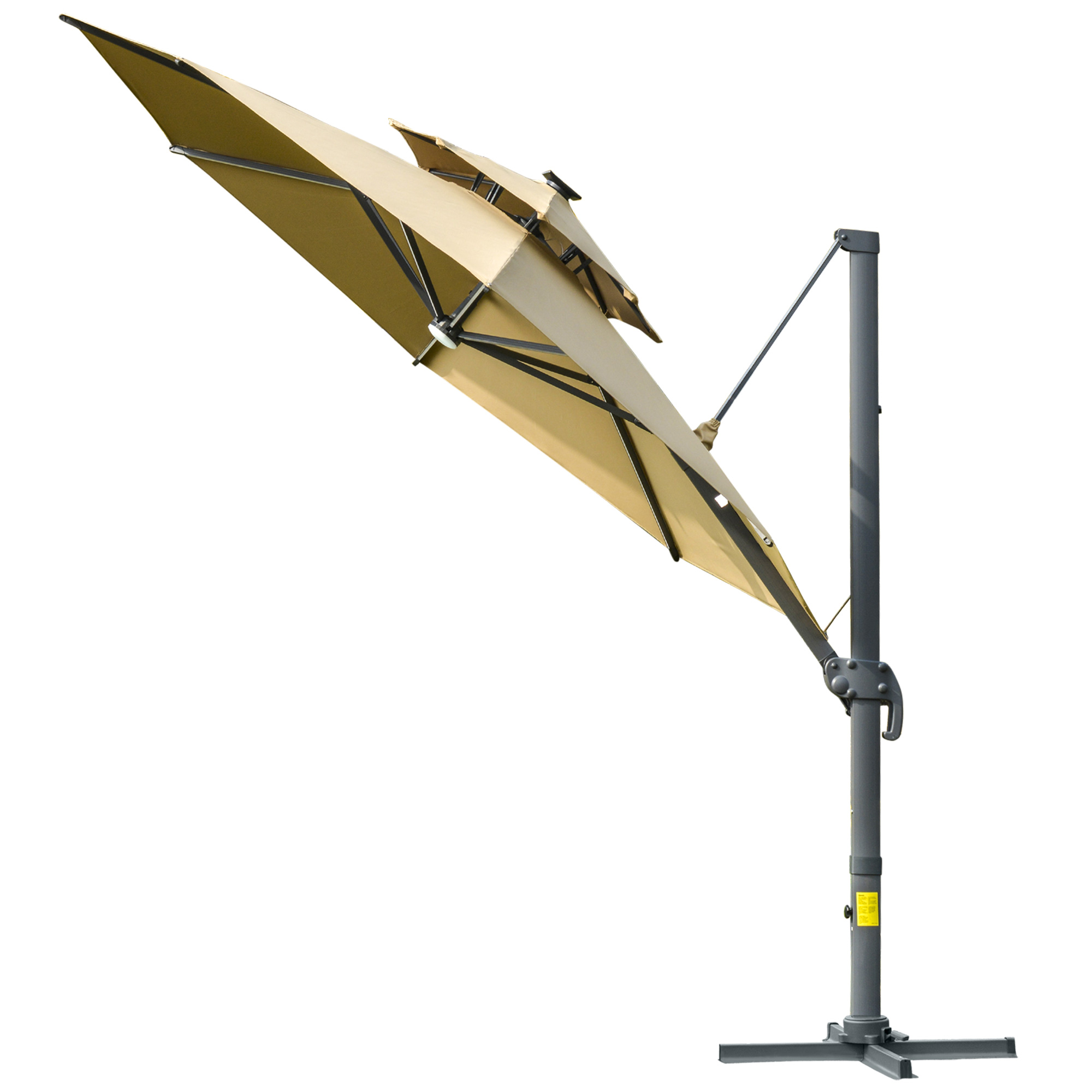 Outsunny 3m Cantilever Parasol with Solar Lights, Power Bank Base 360° Spin, Khaki