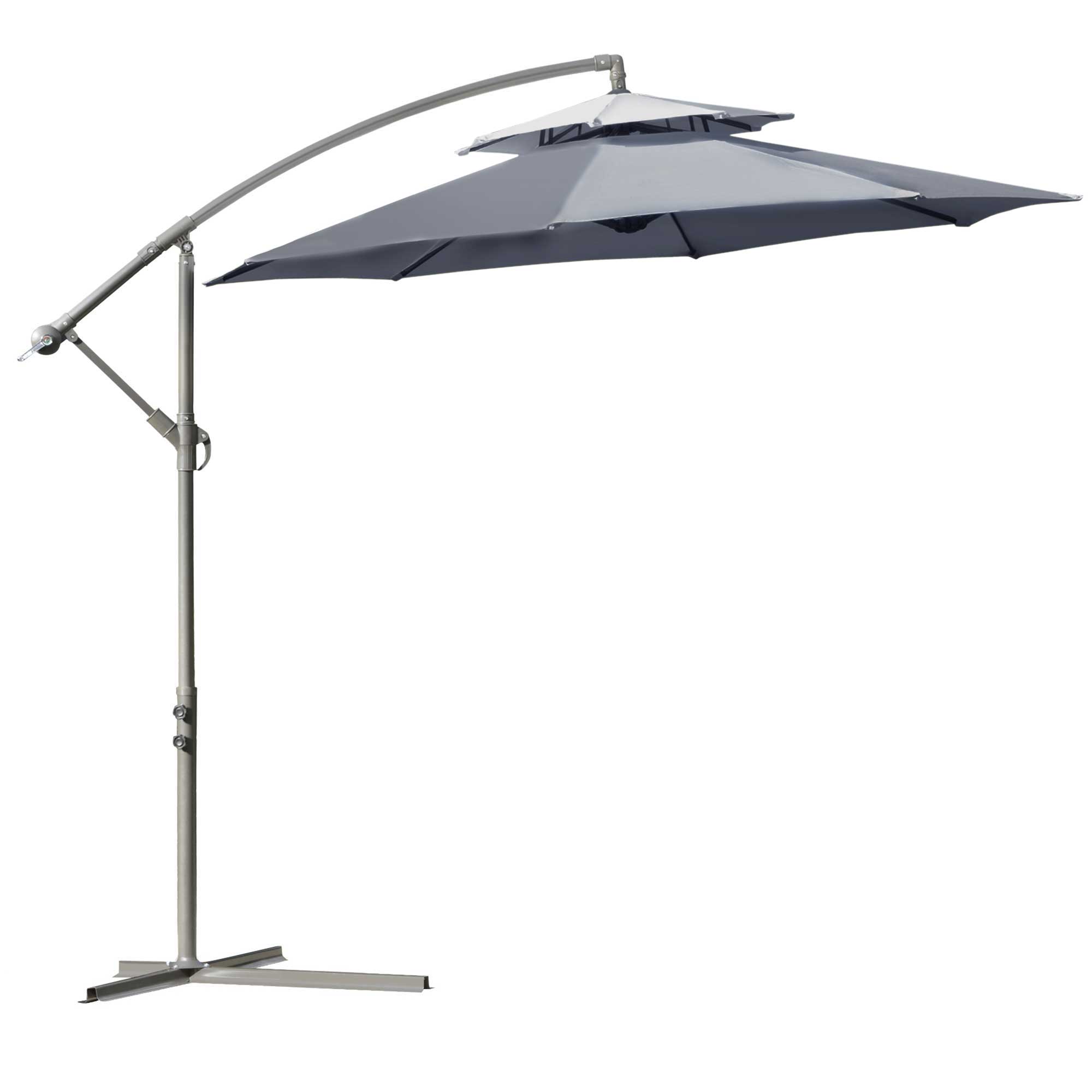 Outsunny 2.7m Garden Banana Parasol Cantilever Umbrella with Crank Handle, Double Tier Canopy and Cross Base for Outdoor, Hanging Sun Shade, Dark Grey