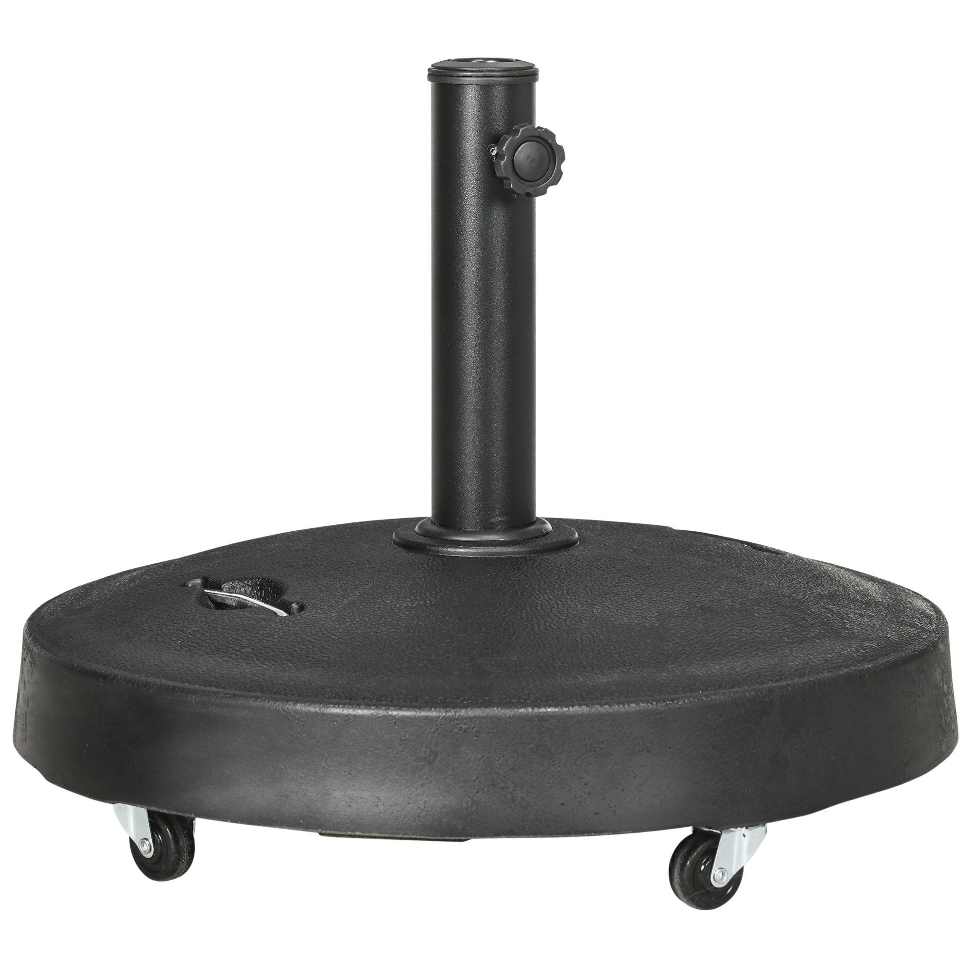 Outsunny 25kg Resin Garden Parasol Base with Wheels and Retractable Handles, Round Outdoor Market Umbrella Stand Weight for Poles of Φ38mm to Φ48mm, Black