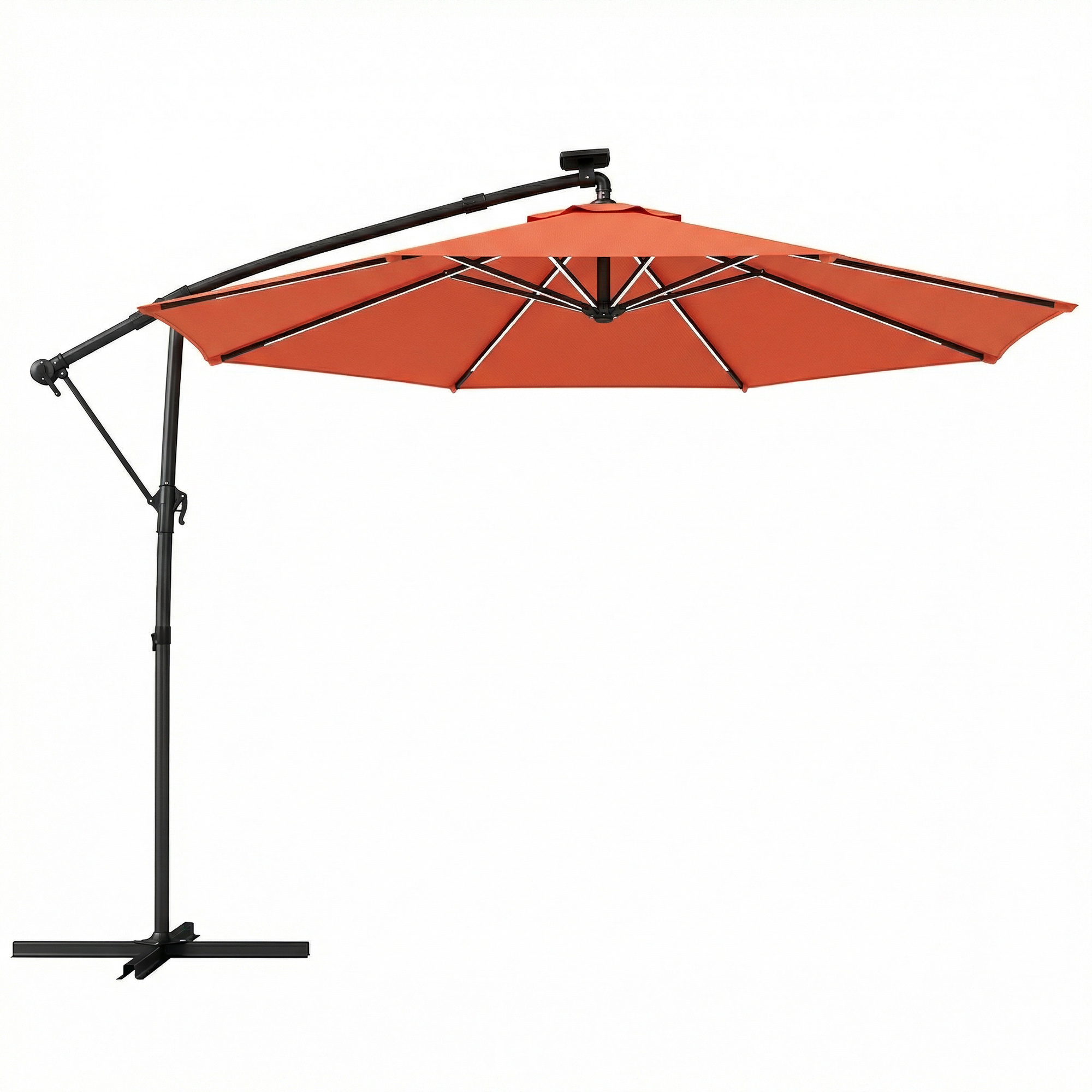 Outsunny 3 m Garden Cantilever Parasol with LED Solar Light, Round Overhanging Umbrella with 360° Rotation, Cover, Orange
