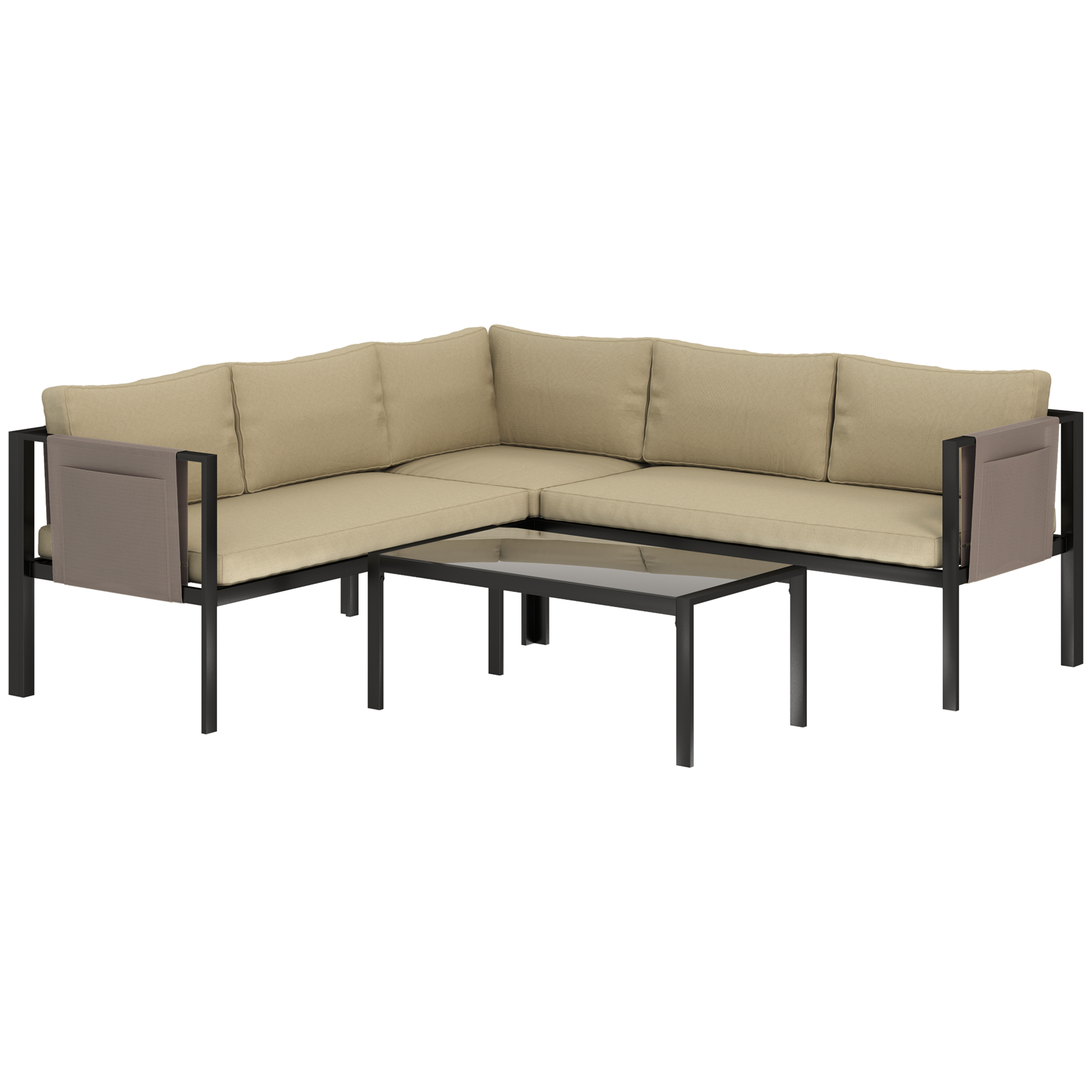 Outsunny 5 Seater Garden Corner Sofa Set, 4 Pieces Metal Garden Furniture Set with Loveseats, Glass Top Coffee Table, Breathable Mesh Pocket, Outdoor Conversation Furniture with Cushions, Kha