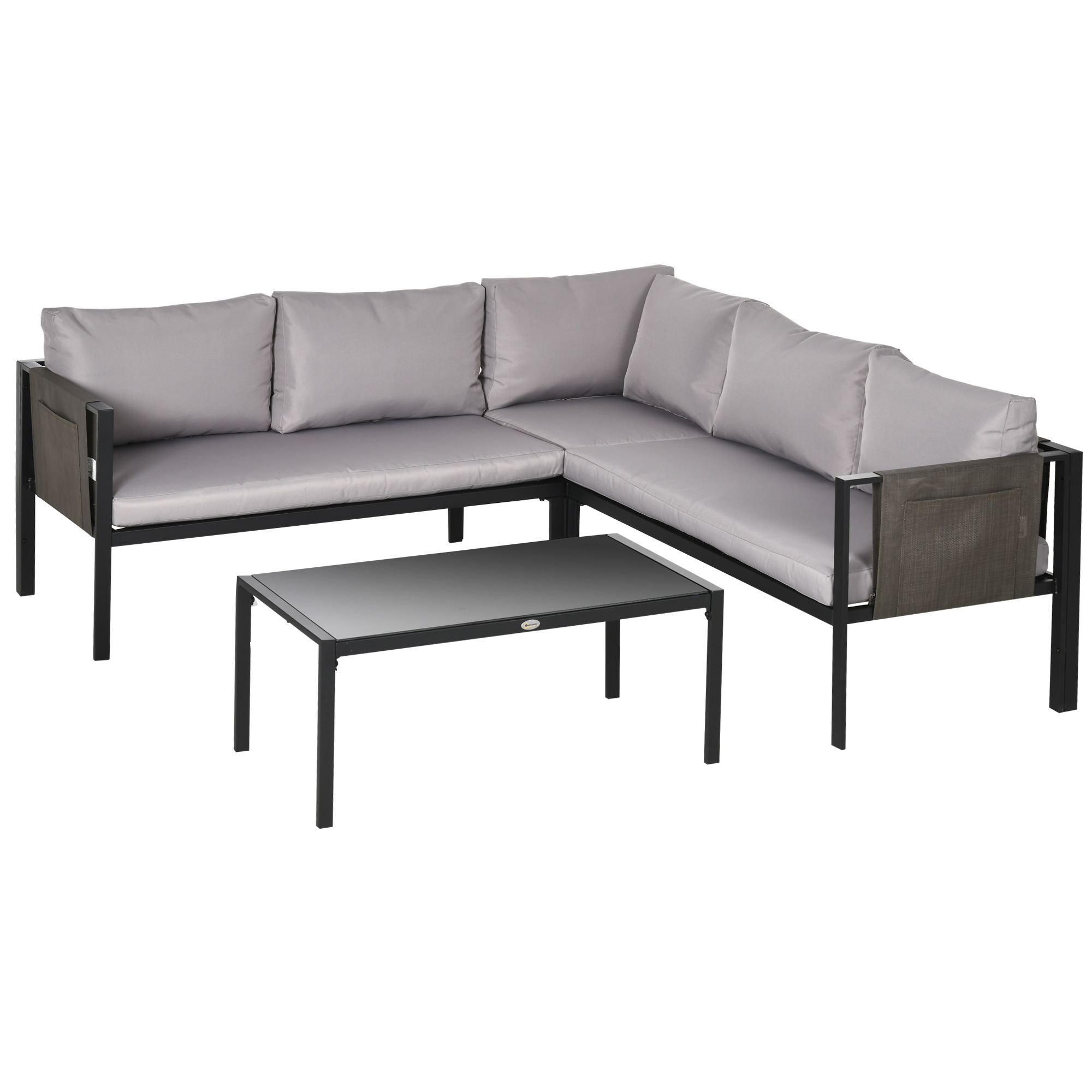 Outsunny 5 Seater Garden Corner Sofa Set, 4 Pieces Metal Garden Furniture Set with Loveseats, Glass Top Coffee Table, Breathable Mesh Pocket, Outdoor Conversation Furniture with Cushions, Lig
