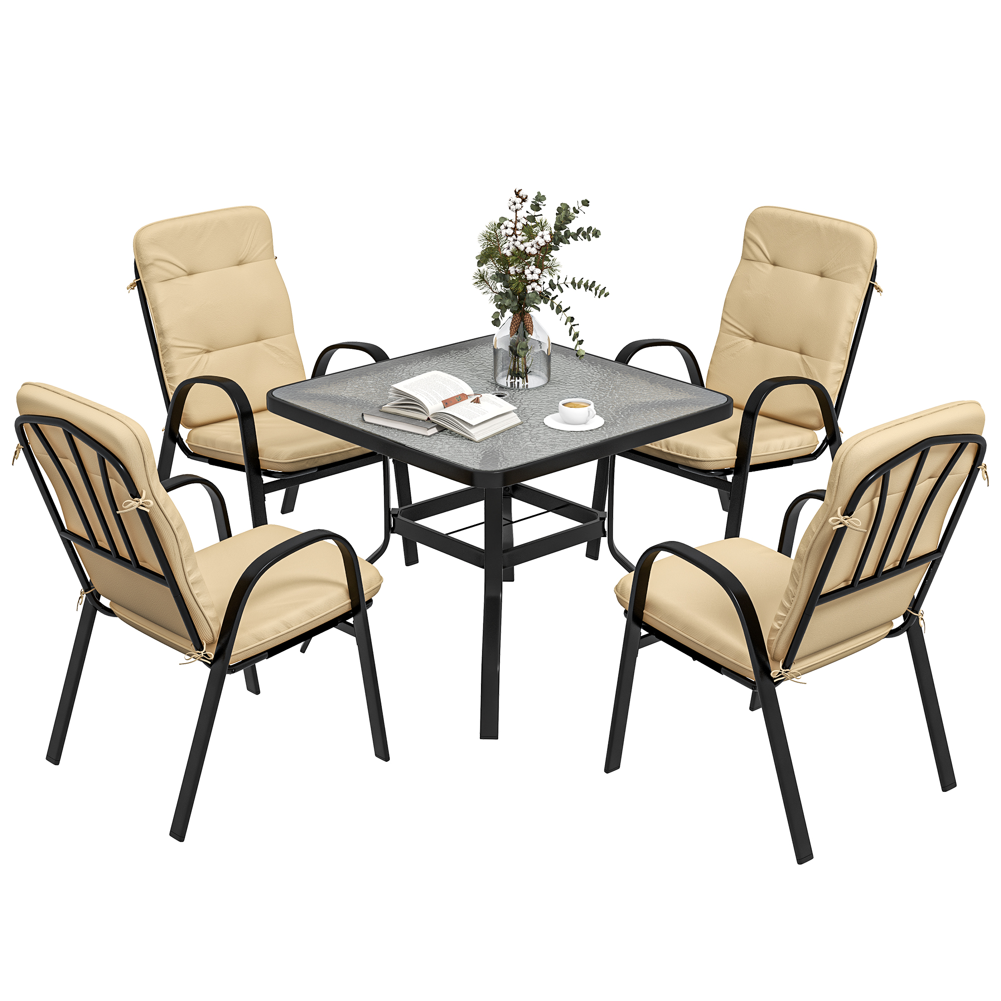 Outsunny 5 Pieces Outdoor Square Garden Dining Set with Tempered Glass Dining Table 4 Cushioned Armchairs, Beige