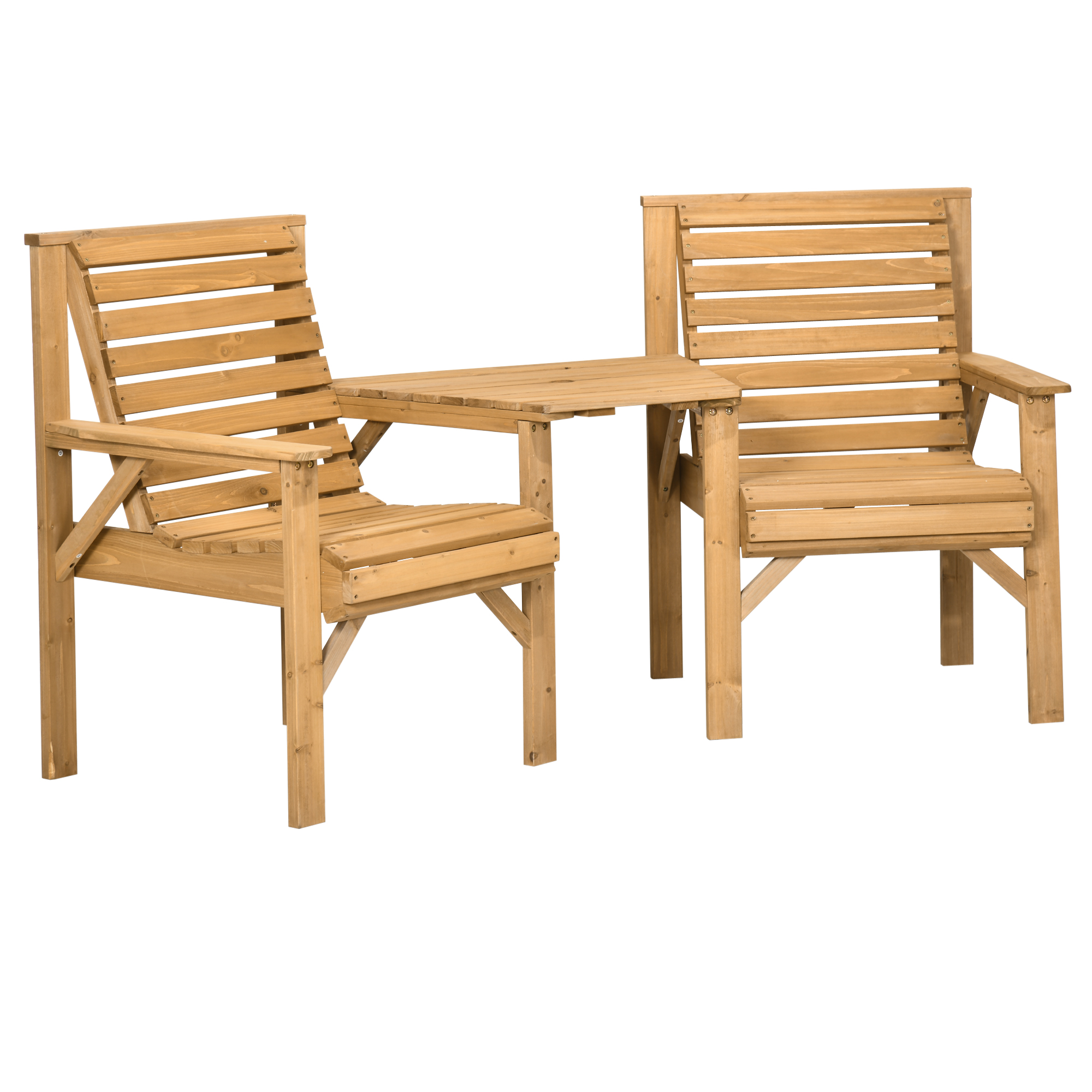 Outsunny Wooden Garden Love Seat, 2 Seater Jack & Jill Companion Seat with Coffee Table and Parasol Hole, Partner Bench, Table and Chairs Set, Outdoor Furniture for Garden, Balcony, Patio, Br