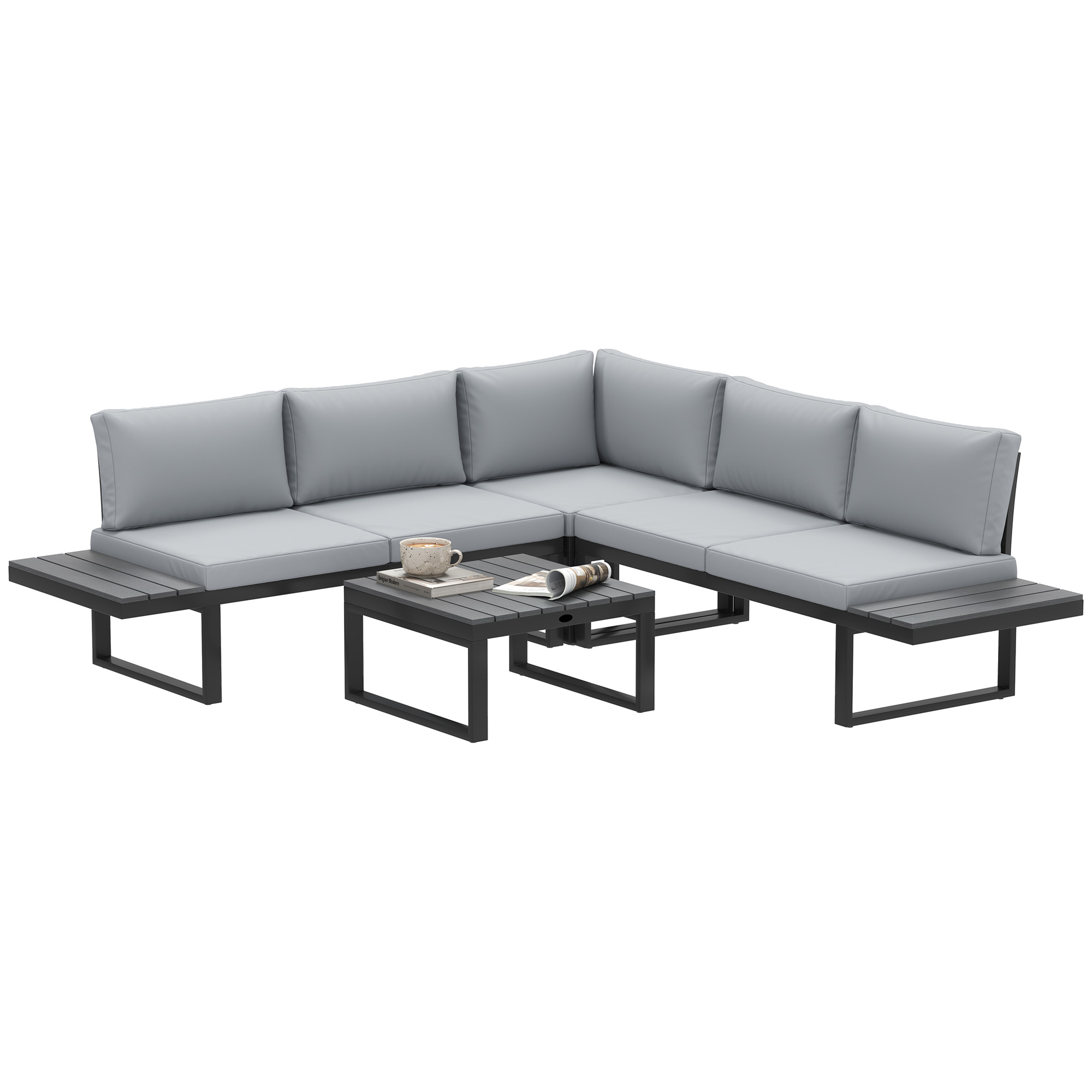 Outsunny 4 Pieces Garden Furniture Set, 5-Level Reclining Garden Corner Sofa Set, Outdoor Lounge Conversation Sectional with Cushions, Wood Effect Plastic Table, Black Frame & Light Grey Cush