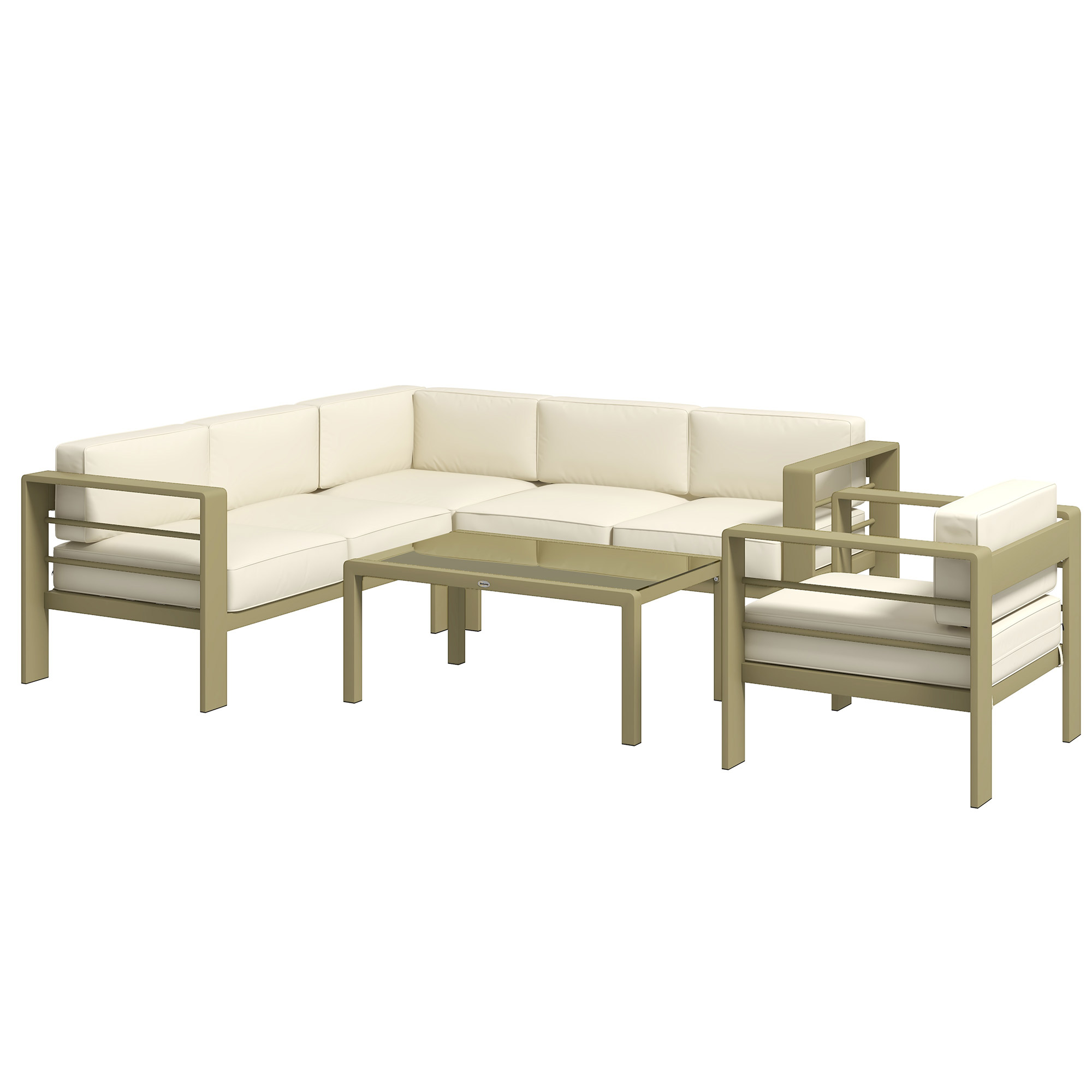 Outsunny 5-Piece Garden Corner Sofa Set with Cushions, 6 Seater Aluminium Garden Furniture Set with Glass Top Coffee Table, Patio Sectional Conservatory Furniture for Patio & Terrace, Gold To