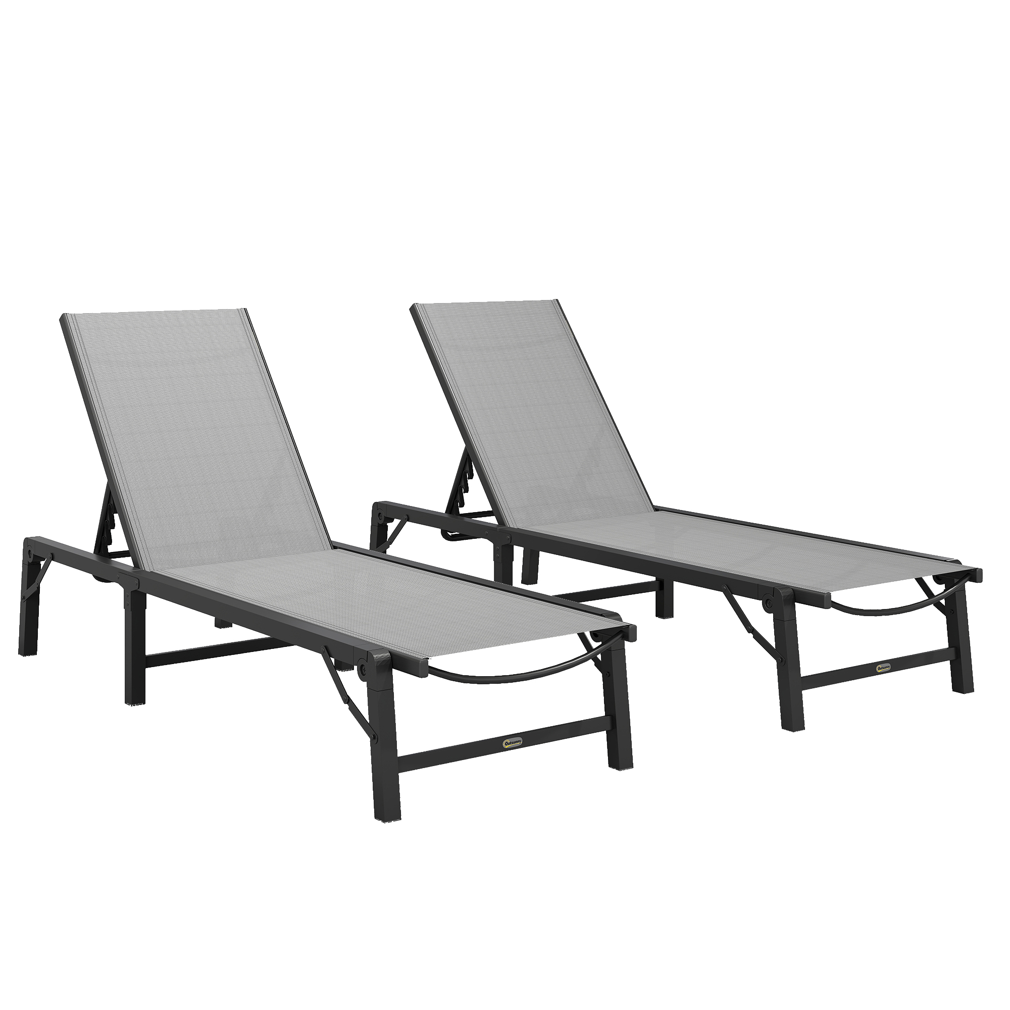 Outsunny Folding Sun Lounger Set of 2, 5-Position Adjustable Reclining Garden Loungers, Garden Chaise Lounge Sunbed Recliner Chairs with Steel Frame for Beach, Porch, Patio, Camping, Light Gr