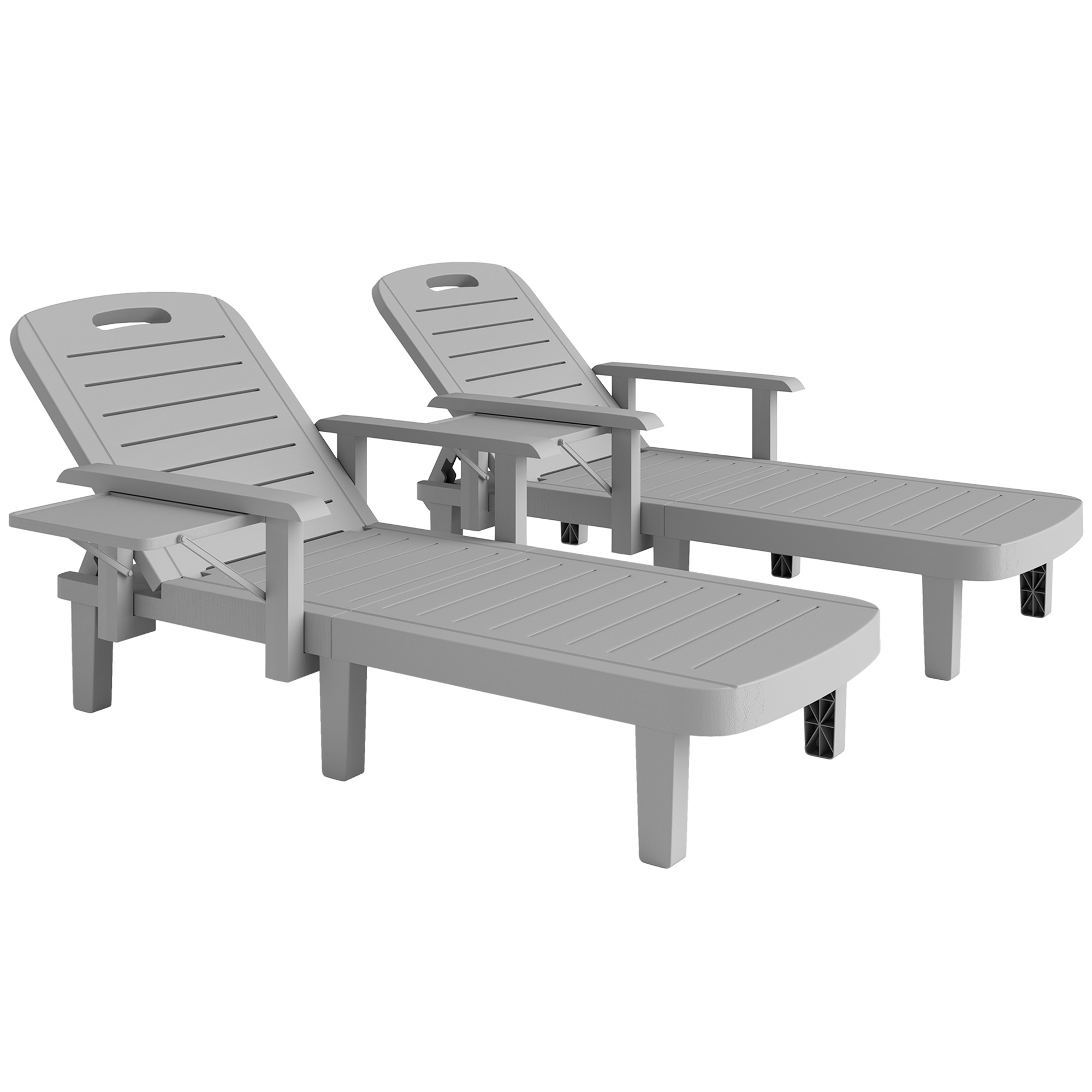 Outsunny Set of 2 Resin Reclining Sun Loungers for Garden, 5 Positions Adjustable Outdoor Chaise Lounge Chairs with Wood Texture Surface, Armrests, Foldable Side Table for Garden, Beach, Ligh