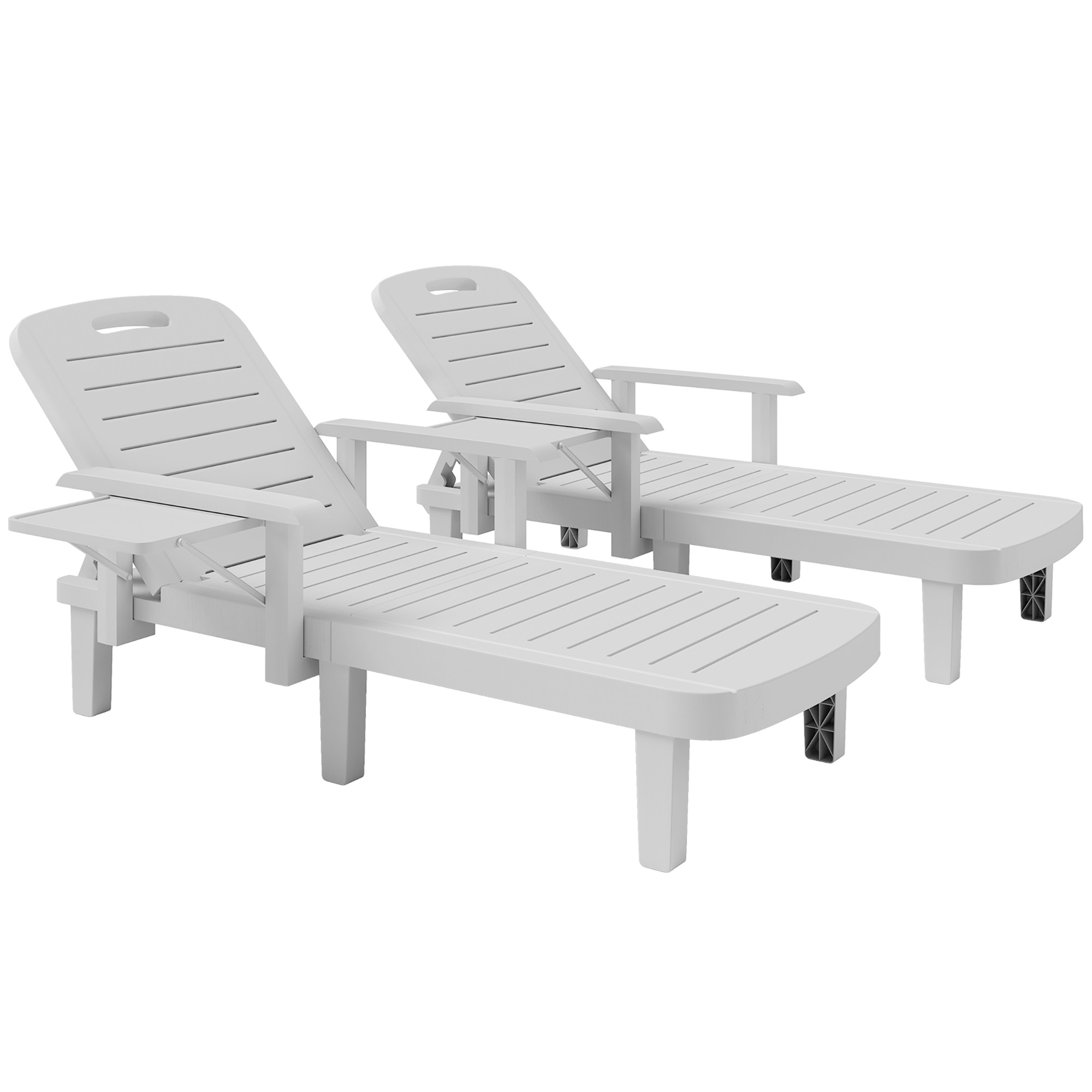 Outsunny Set of 2 Resin Reclining Sun Loungers for Garden, 5 Positions Adjustable Outdoor Chaise Lounge Chairs with Wood Texture Surface, Armrests, Foldable Side Table for Garden, Beach, Whit