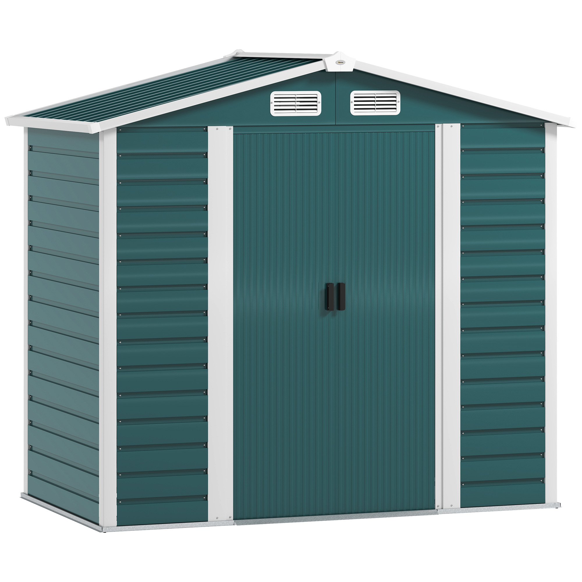 Outsunny 7 x 4ft Garden Shed, Easy to Assemble, Upgraded Galvanised Steel Frame with Foundation Kit, Double Doors with Lock, Outdoor Metal Shed with Vents and Gloves, Garden Storage Shed, Gre