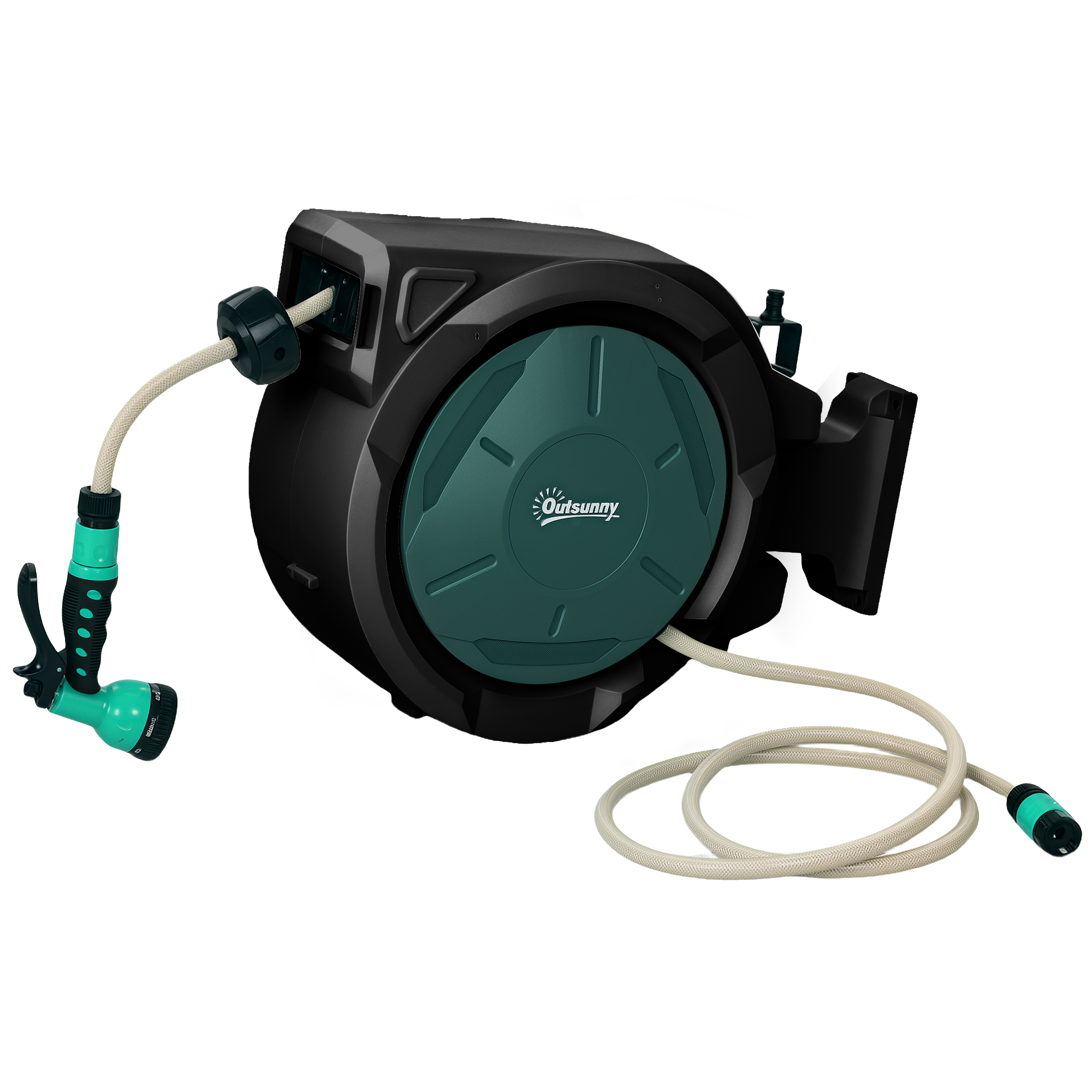 Outsunny Retractable Hose Reel Wall Mounted, 30+2m Garden Hose Pipe Reel with Lock, Auto Rewind, 7 in 1 Spray Nozzle, Includes Wall Fixings, 180° Swivel, Outdoor Watering, 59 x 23 x 42 cm, Gr
