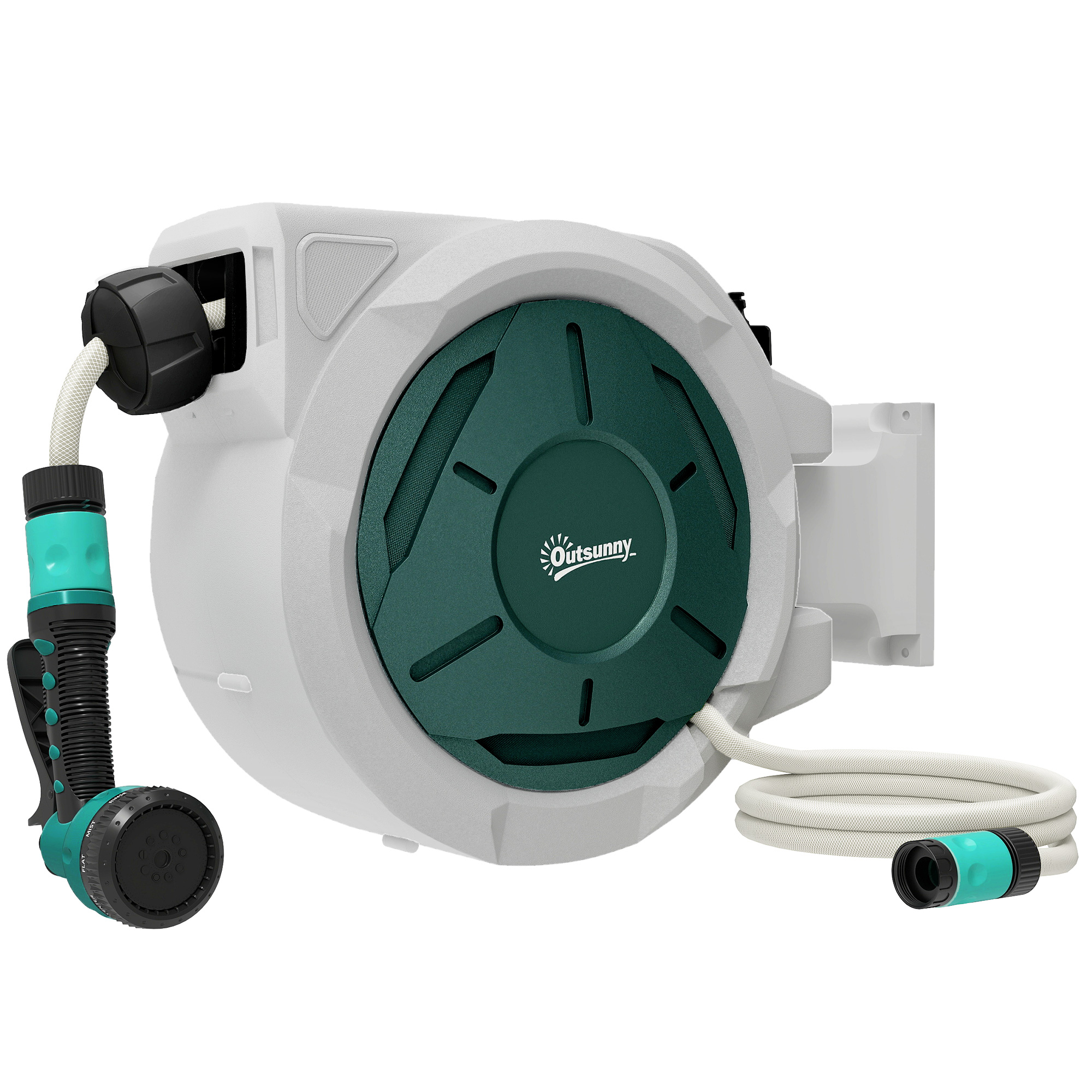 Outsunny Retractable Hose Reel Wall Mounted, 30+2m Garden Hose Pipe Reel with Lock, Auto Rewind, 7 in 1 Spray Nozzle, Includes Wall Fixings, 180° Swivel, Outdoor Watering, 59 x 23 x 42 cm, Gr