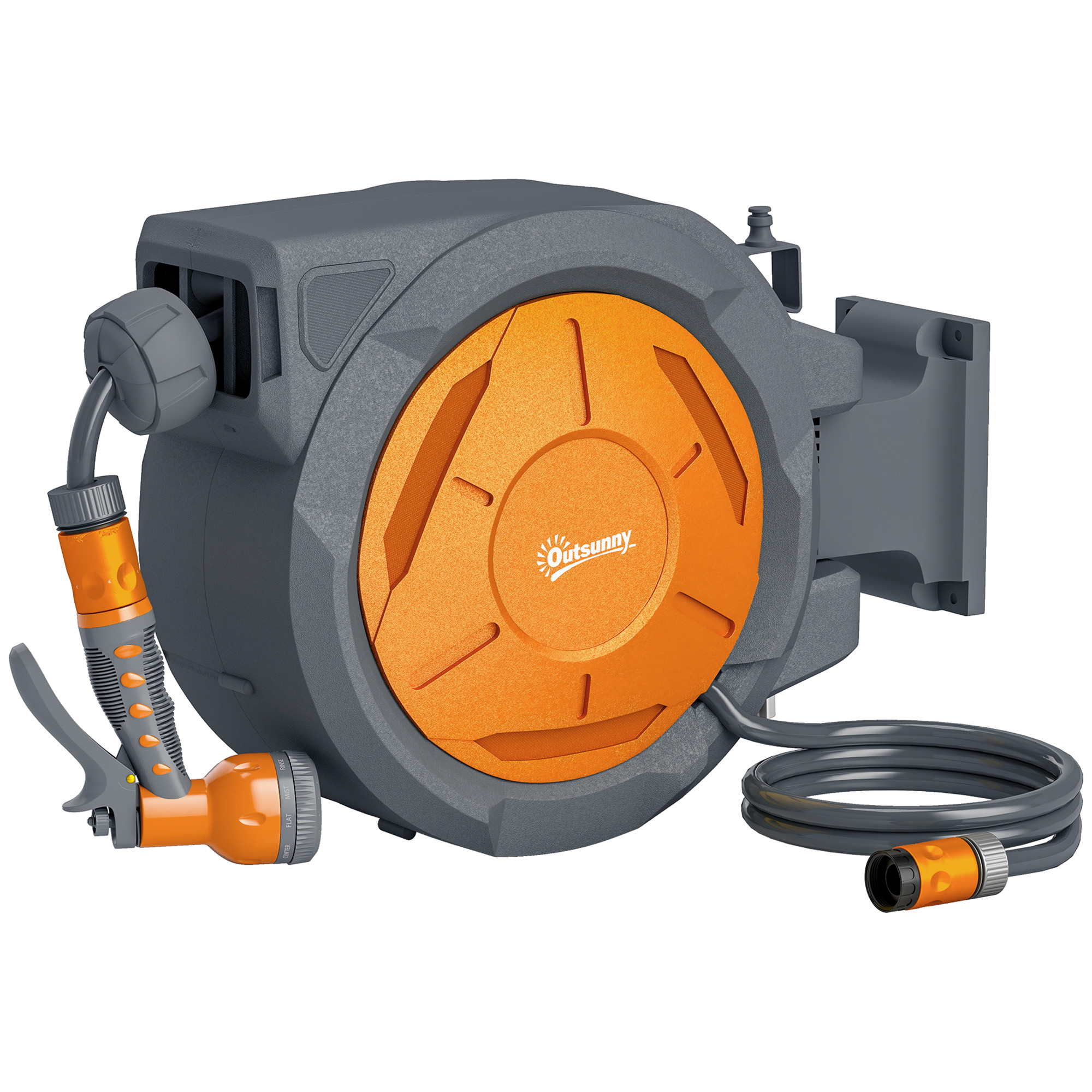 Outsunny Retractable Hose Reel Wall Mounted, 30+2m Garden Hose Pipe Reel with Lock, Auto Rewind, 7 in 1 Spray Nozzle, Includes Wall Fixings, 180° Swivel, Outdoor Watering, 59 x 23 x 42 cm, Or