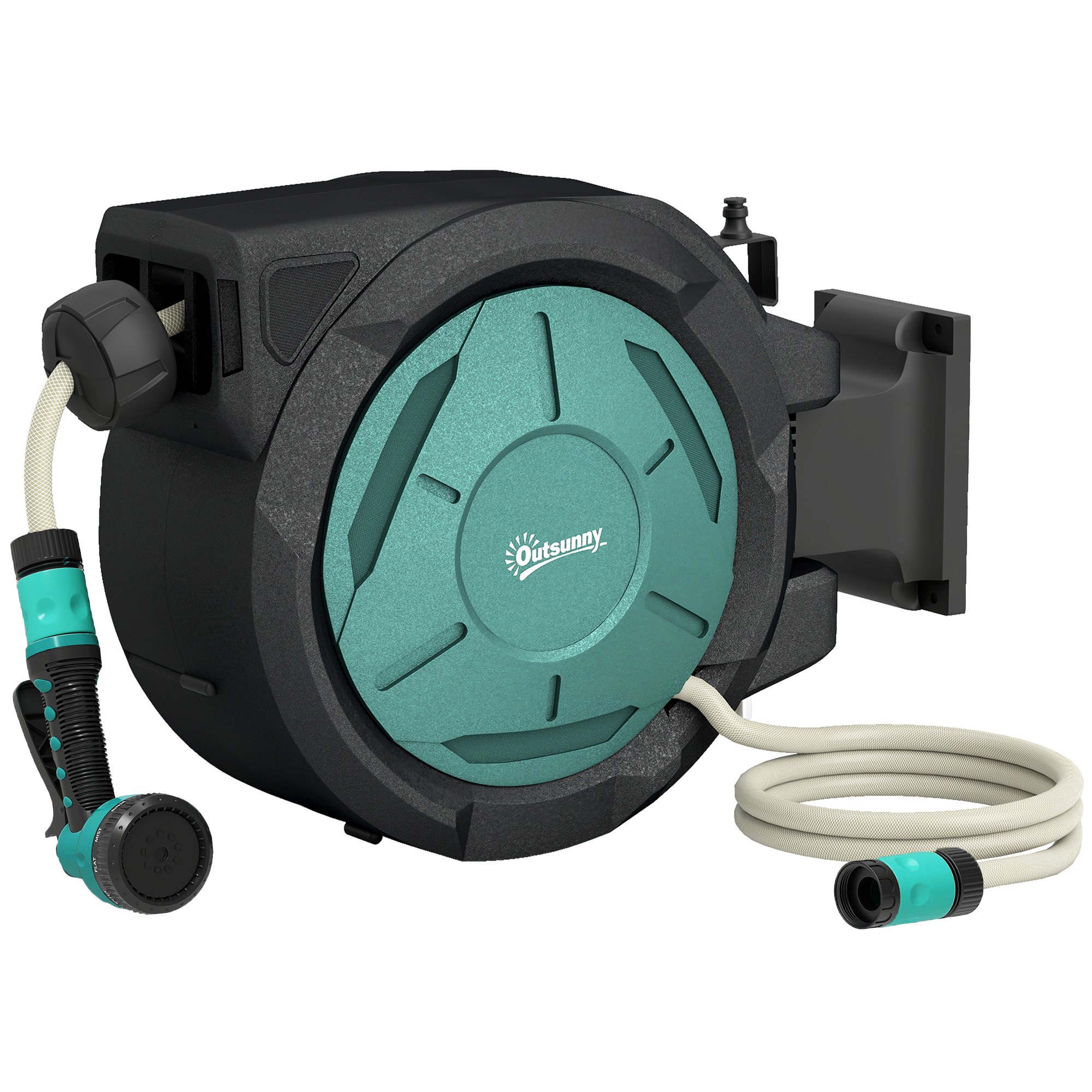Outsunny Retractable Hose Reel Wall Mounted, 20+2m Garden Hose Pipe Reel with Lock, Auto Rewind, 7 in 1 Spray Nozzle, Includes Wall Fixings, 180° Swivel, Outdoor Watering, 54 x 20 x 39 cm, Bl