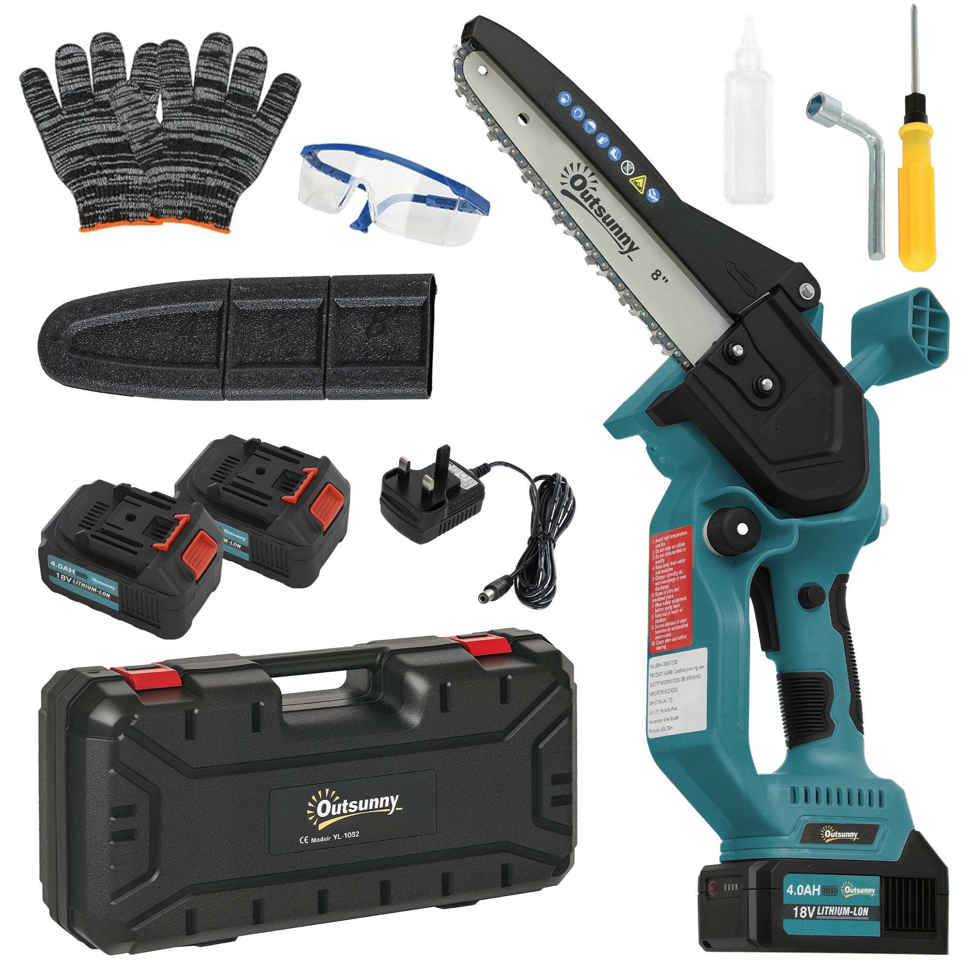 Outsunny Mini Pruning Saw Cordless, 8 Inch Electric Pruning Saw with 2 x 4000mAh Batteries, Brushless Motor and Safety Lock for Tree Trimming, Garden, Wood Cutting, Blue