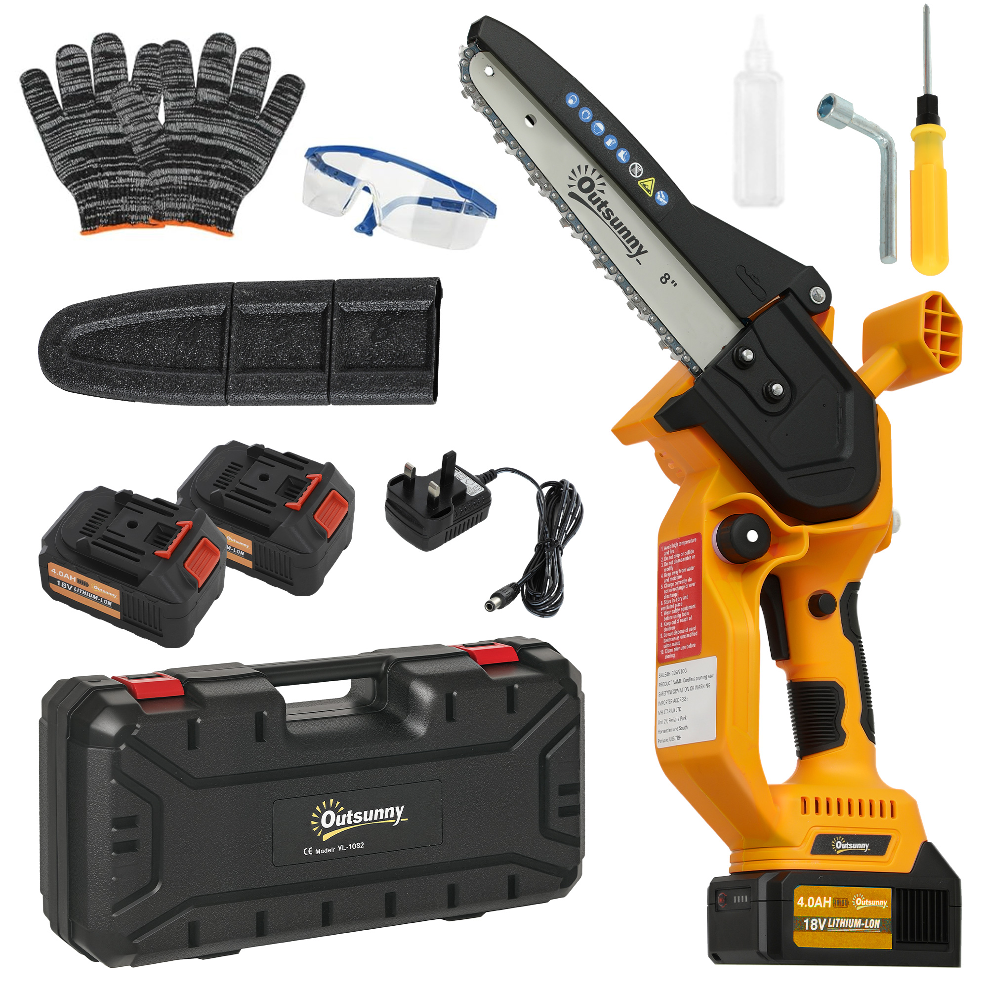Outsunny Mini Pruning Saw Cordless, 8 Inch Electric Pruning Saw with 2 x 4000mAh Batteries, Brushless Motor and Safety Lock for Tree Trimming, Garden, Wood Cutting, Orange