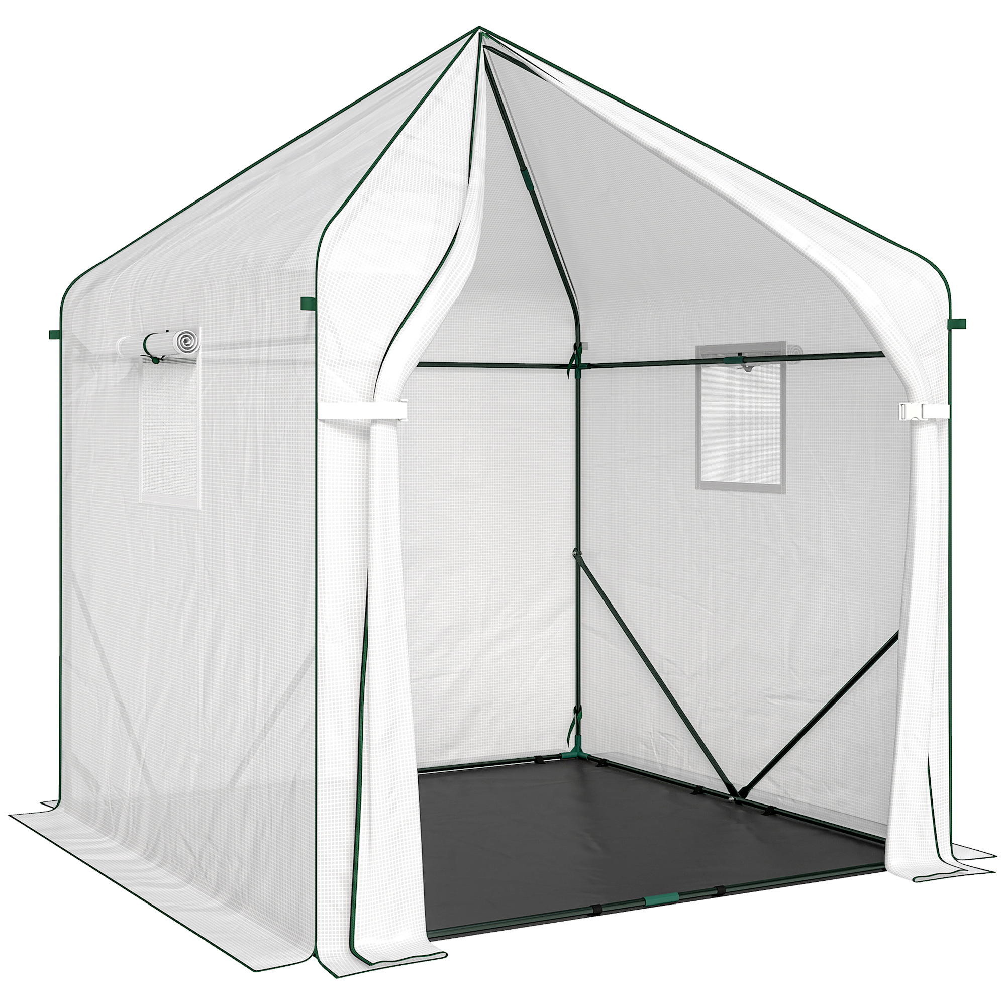 Outsunny Walk-in Greenhouse for Outdoors with Steel Frame, Large Plant House with Roll-up Door and PE Ground Cover, White