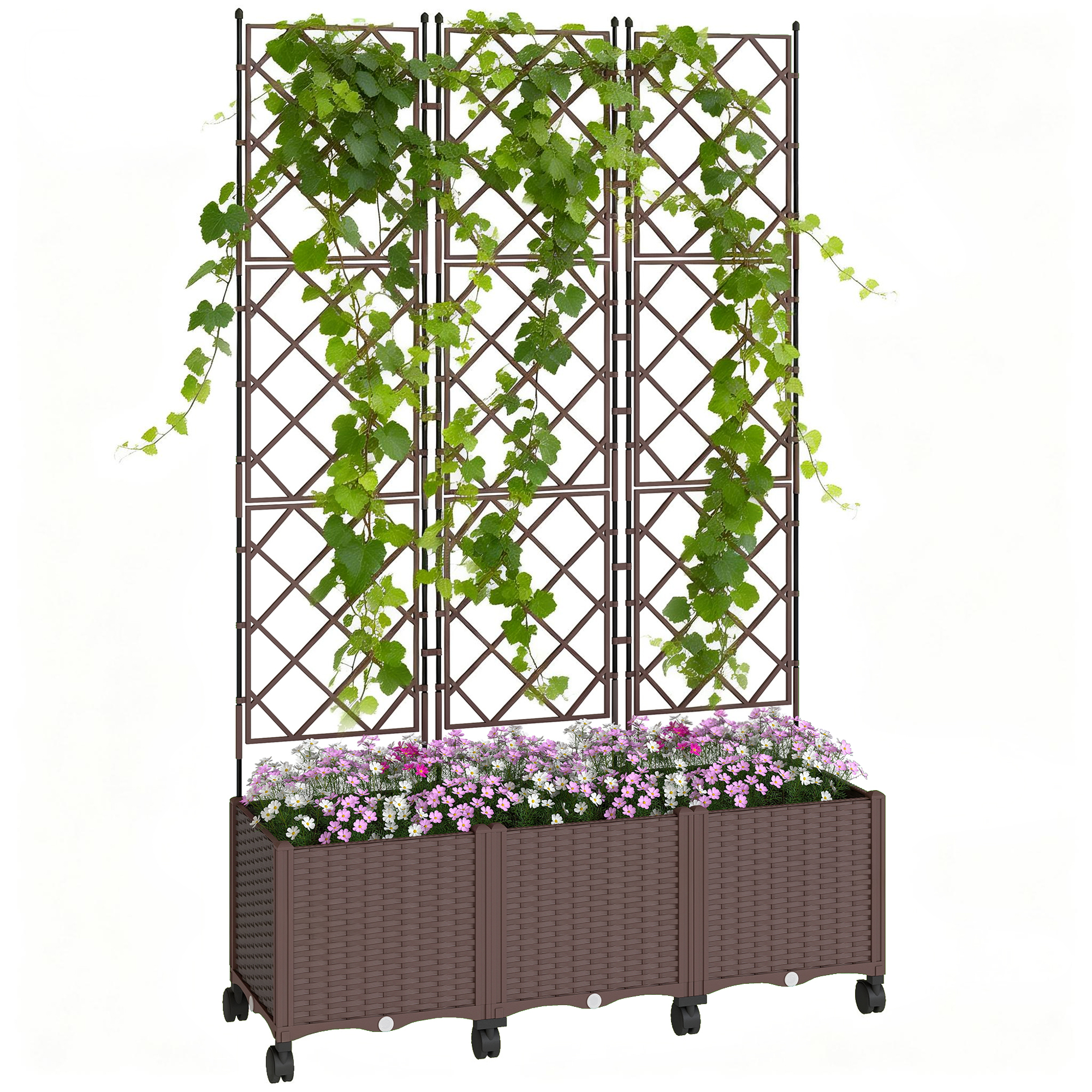 Outsunny Plastic Raised Planter with Trellis, Self Watering Raised Bed for Garden with Wheels, Drainage Holes and Plugs