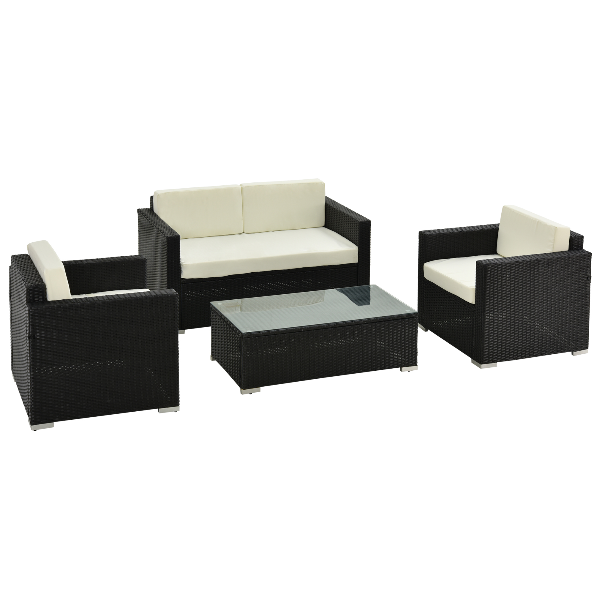 Outsunny 4-Seater Rattan Sofa Set Garden Rattan Furniture Wicker Steel Chair Seat Furniture, Black