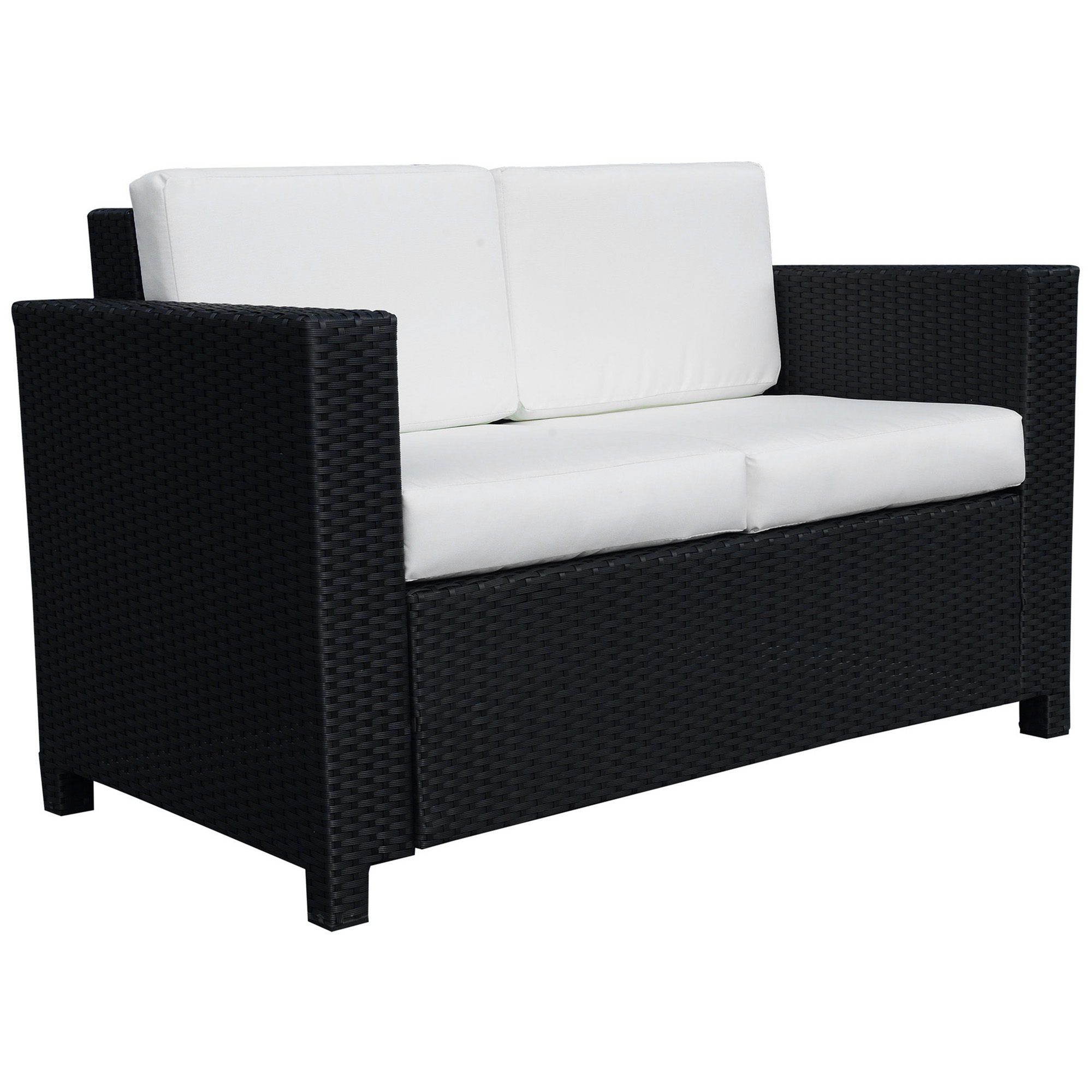 Outsunny Rattan Sofa, 2 Seater Garden Furniture with Soft Padded Cushion and Armrests, Wicker Garden Loveseat for Patio, Black