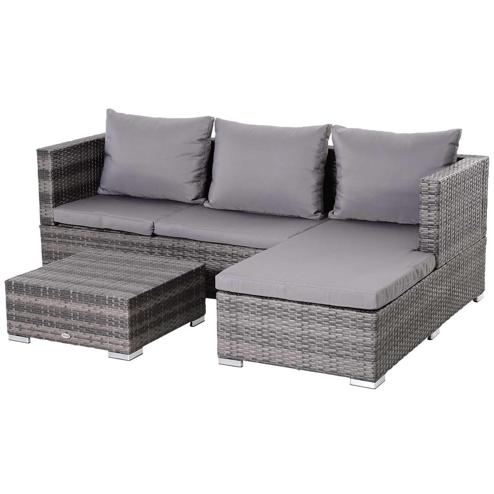 Outsunny 3PC Rattan Garden Furniture Storage Sofa Set, 4 Seater Wicker Coffee Table Conservatory Sun Lounger Reclining Set with Cushion, Grey