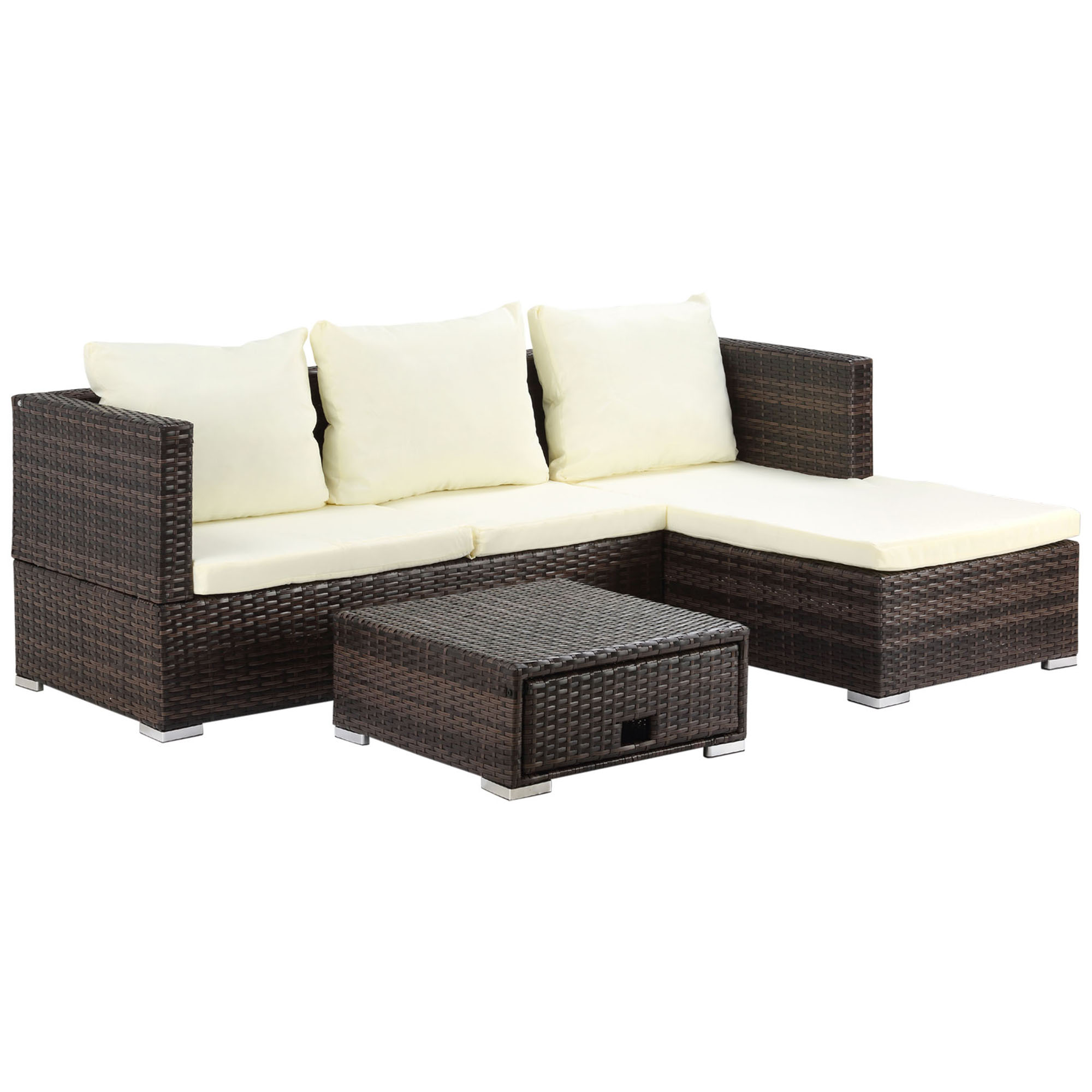 Outsunny 3 Pieces Rattan Garden Furniture Sofa Set, 4 Seater Garden Corner Sofa with 5-Level Reclining Sun Lounger and Storage Coffee Table, Outdoor Furniture Conservatory Set with Cushions, 