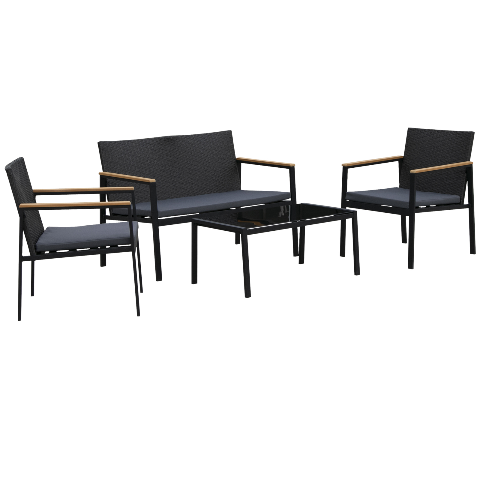 Outsunny 4 Pieces Rattan Garden Furniture Set, 4 Seater Garden Sofa Set with Loveseat, 2 Armchairs and Glass Top Coffee Table, Wicker Outdoor Conservatory Furniture with Cushions for Patio, B