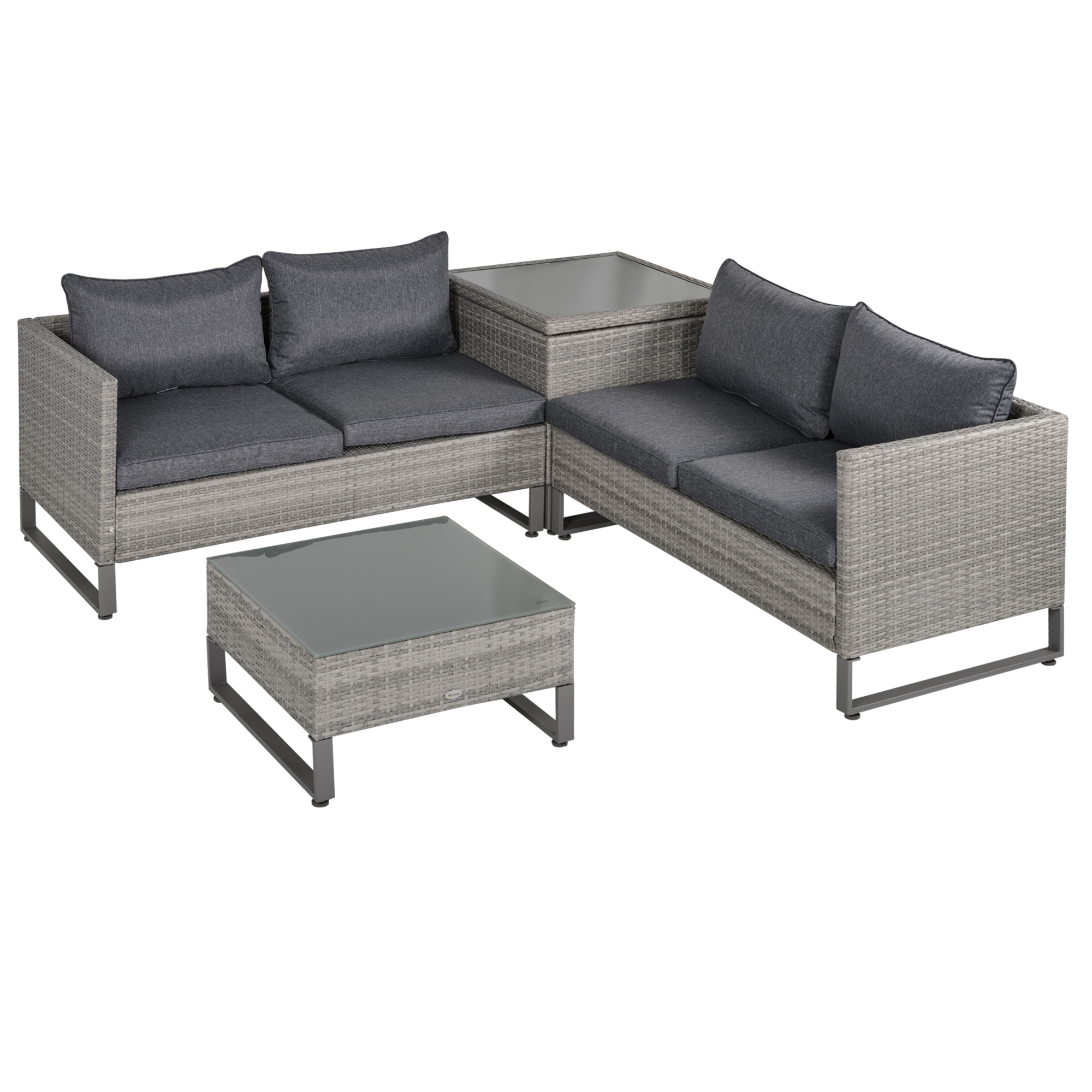 Outsunny 4 Pieces Rattan Garden Furniture Set, 4 Seater Garden Sofa Set with Storage Box, Loveseats and Glass Top Table, Wicker Outdoor Conservatory Furniture with Cushions for Outdoor, Patio