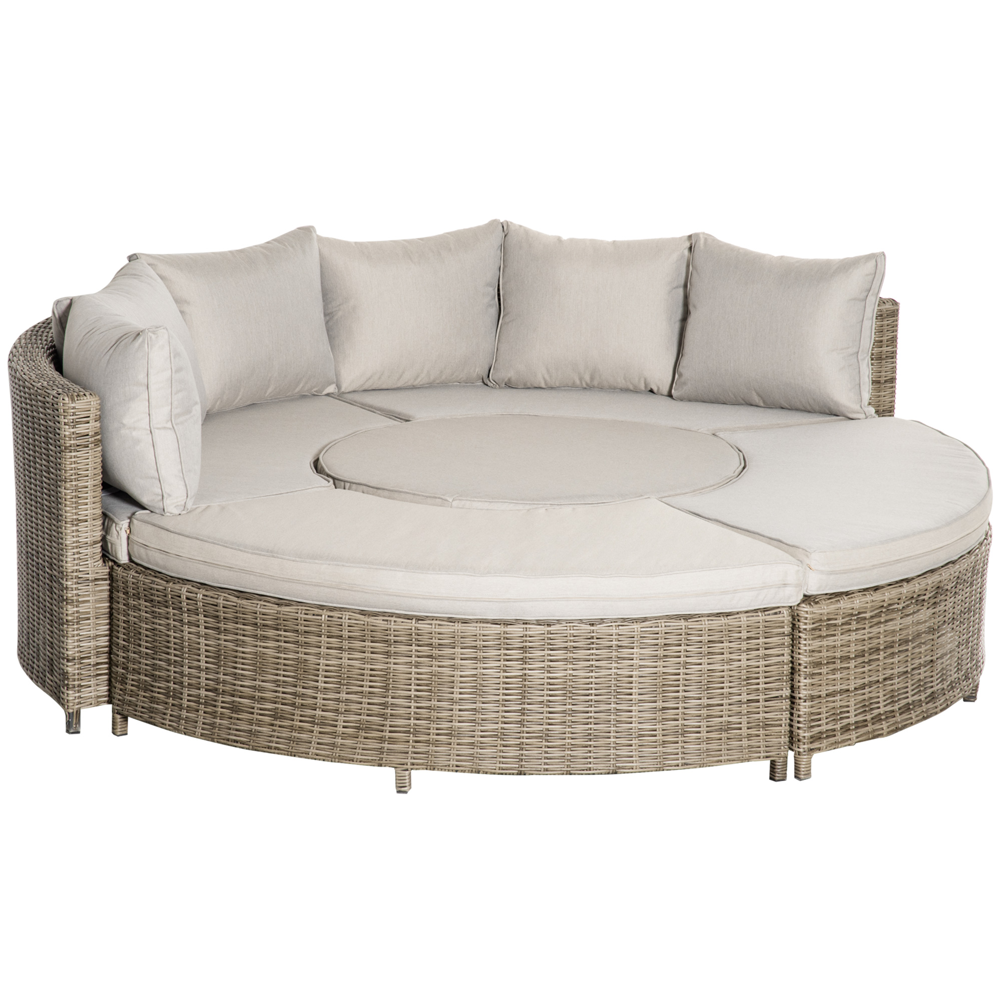 Outsunny 5 Pieces Outdoor PE Rattan Round Garden Daybed with Cushions, Aluminium Lounge Chair Conversation Sofa Set with Liftable Coffee Table and Protect Cover, Grey