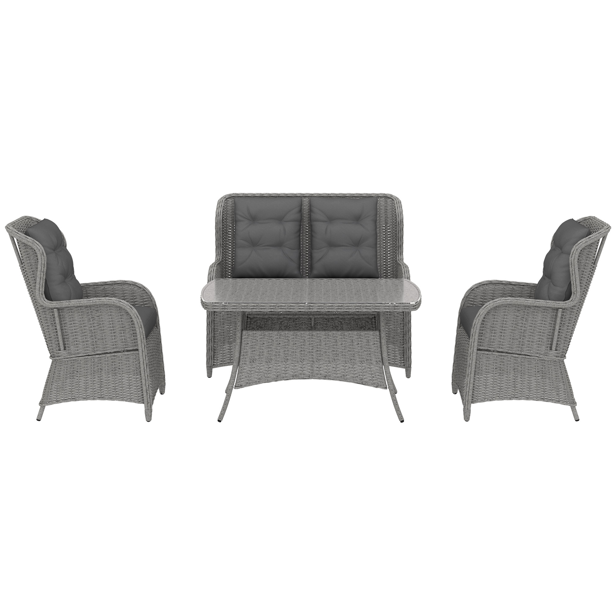 Outsunny Garden PE Rattan Dining Sofa Set, Outdoor 4 Seater Wicker Furniture, High Back Chairs with Cushions, Tempered Glass Coffee Table for Patio, Light Grey