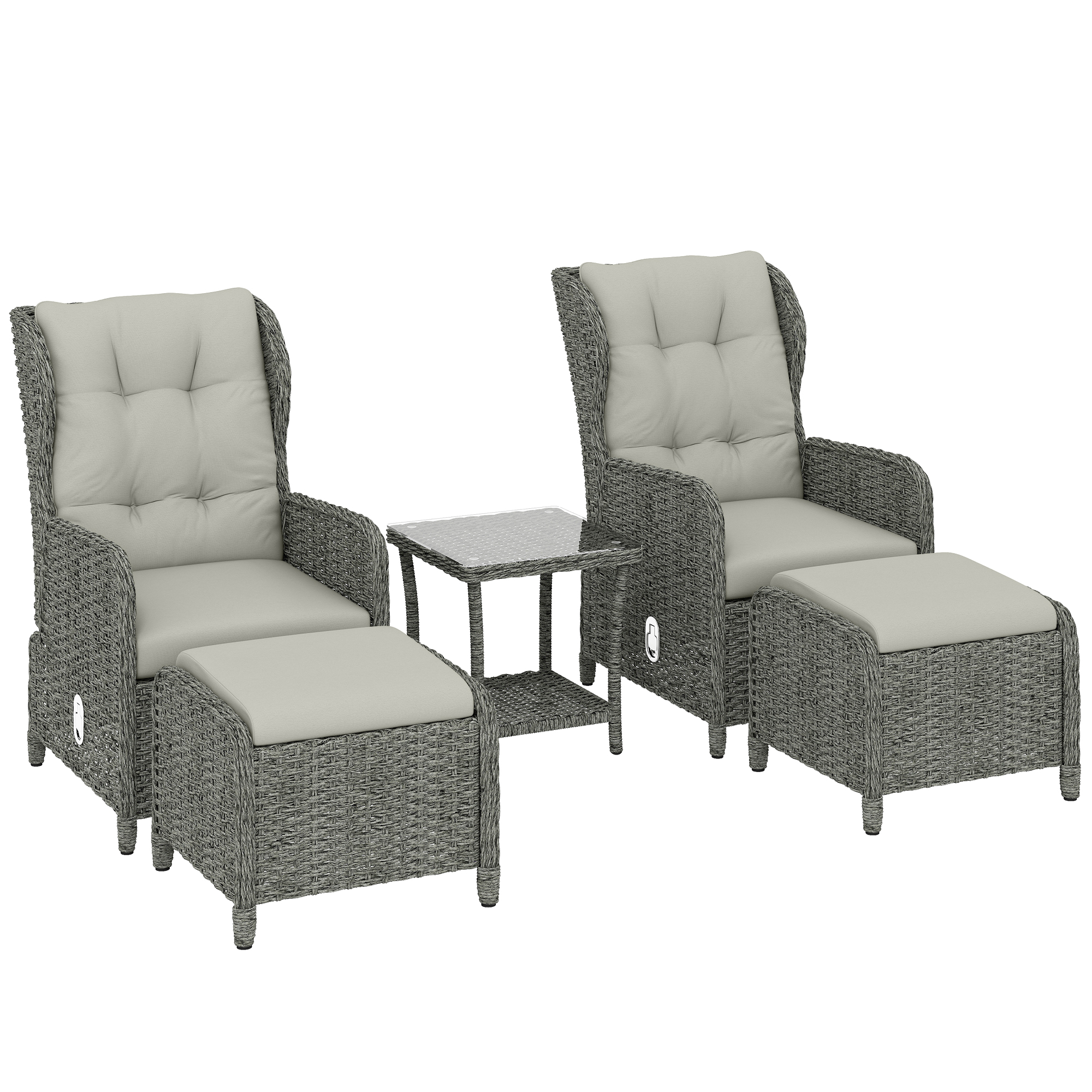 Outsunny 5 Piece Garden Furniture Set, Rattan Reclining Garden Chair Set of 2 with Footstool and Cushion for Balcony, Cream