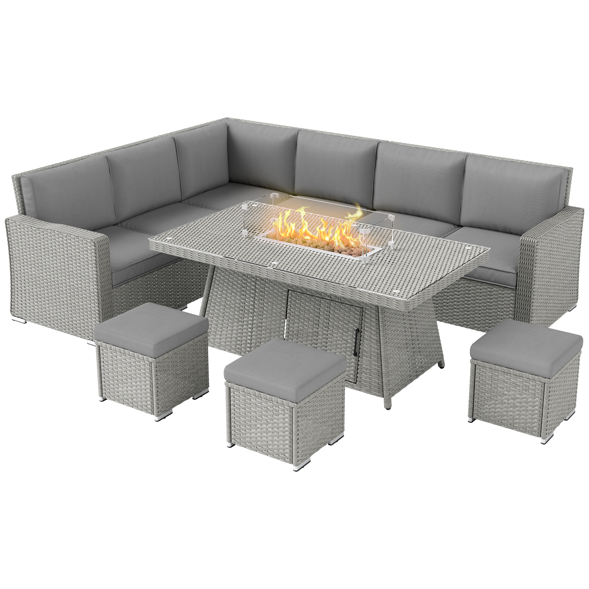 Outsunny All-Season Patio Sofa Set 7-Piece Rattan Fire Pit Furniture Set For Cozy Patio Evenings - Grey