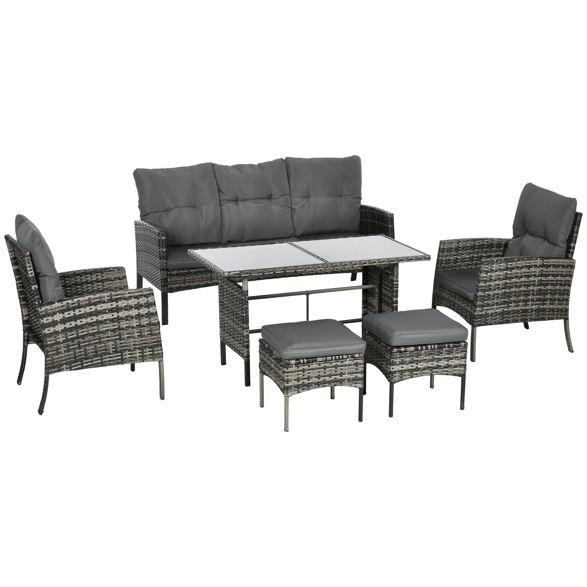 Outsunny 5 Seater Rattan Garden Furniture Set, 2 Armchairs, 3-Seater Wicker Sofa, 2 Footstools and Glass Table, 6 Piece Patio Rattan furniture Sofa Sets with Cushions for Conservatory, Mixed