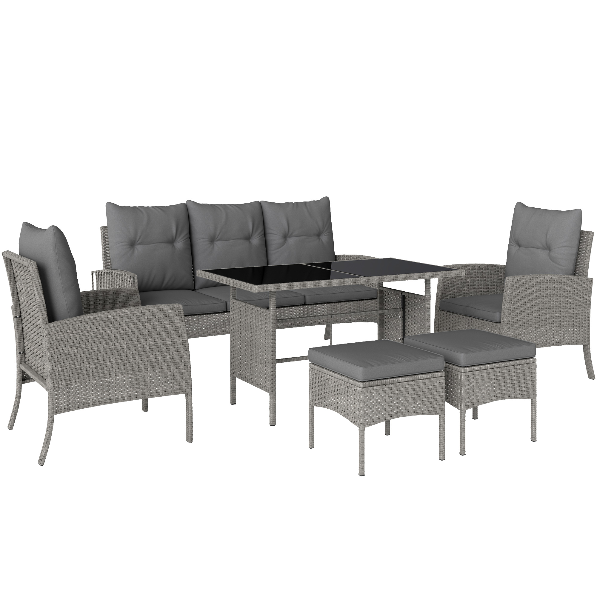 Outsunny 5 Seater Rattan Garden Furniture Set, 6 Piece Garden Sofa Set, Armchairs, 3-Seater Sofa, Footstools, Glass Dining Table, Cushions, Wicker Outdoor Furniture for Conservatory Patio, Gr