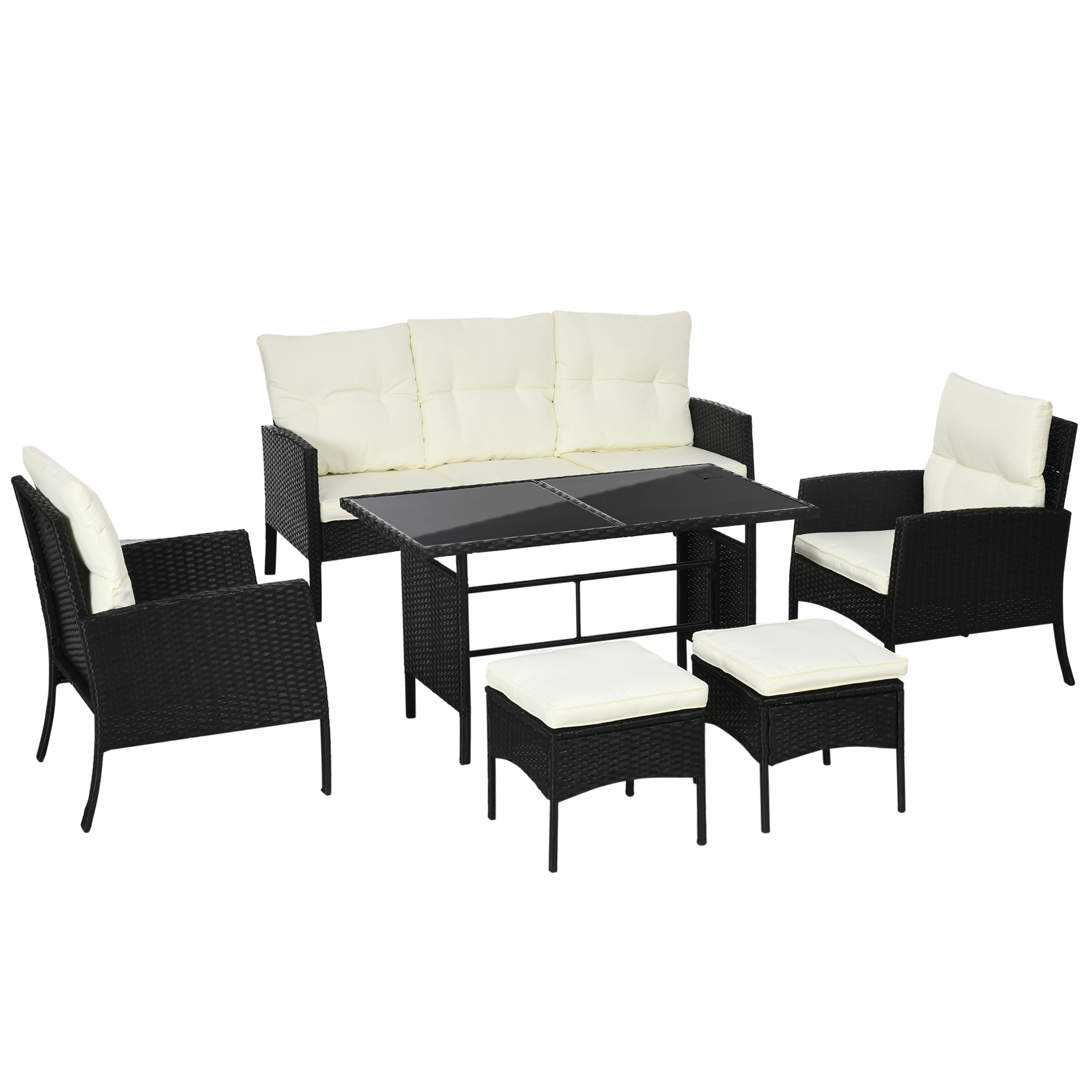 Outsunny 5 Seater Rattan Garden Furniture Set, 6 Piece Garden Sofa Set, Armchairs, 3-Seater Sofa, Footstools, Glass Dining Table, Cushions, Wicker Outdoor Furniture for Conservatory Patio, Cr