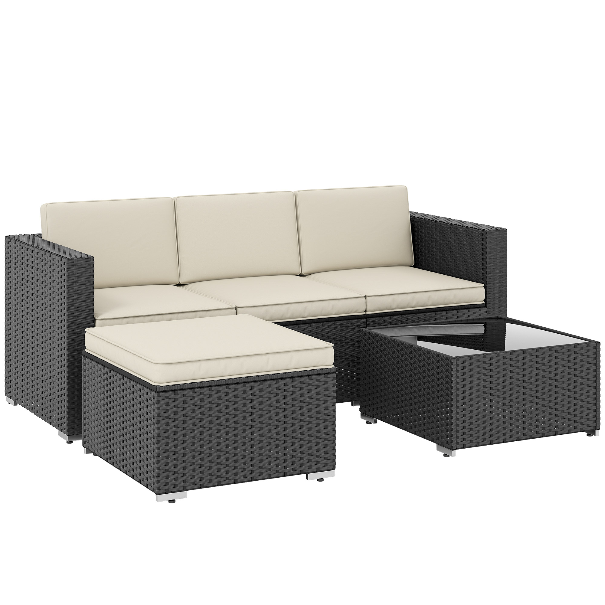 Outsunny 3 Pieces Garden Furniture Set w/ Cushions, PE Rattan Wicker Conversation Corner Sofa Set