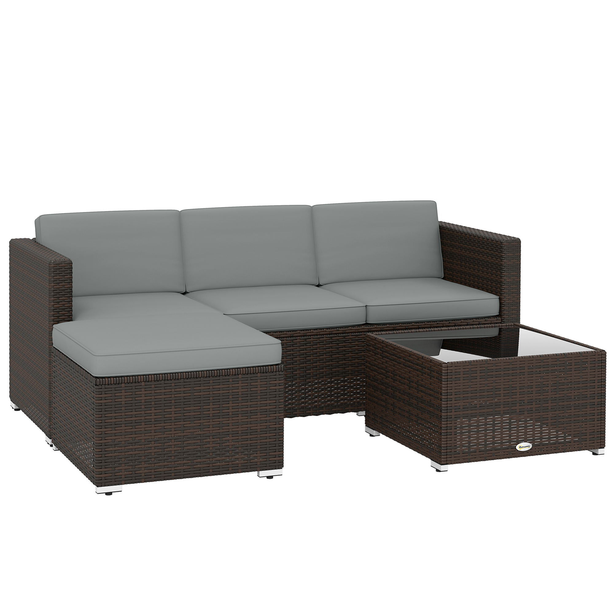 Outsunny 3 Pieces Garden Furniture Set w/ Cushions, PE Rattan Wicker Conversation Corner Sofa Set, Light Grey