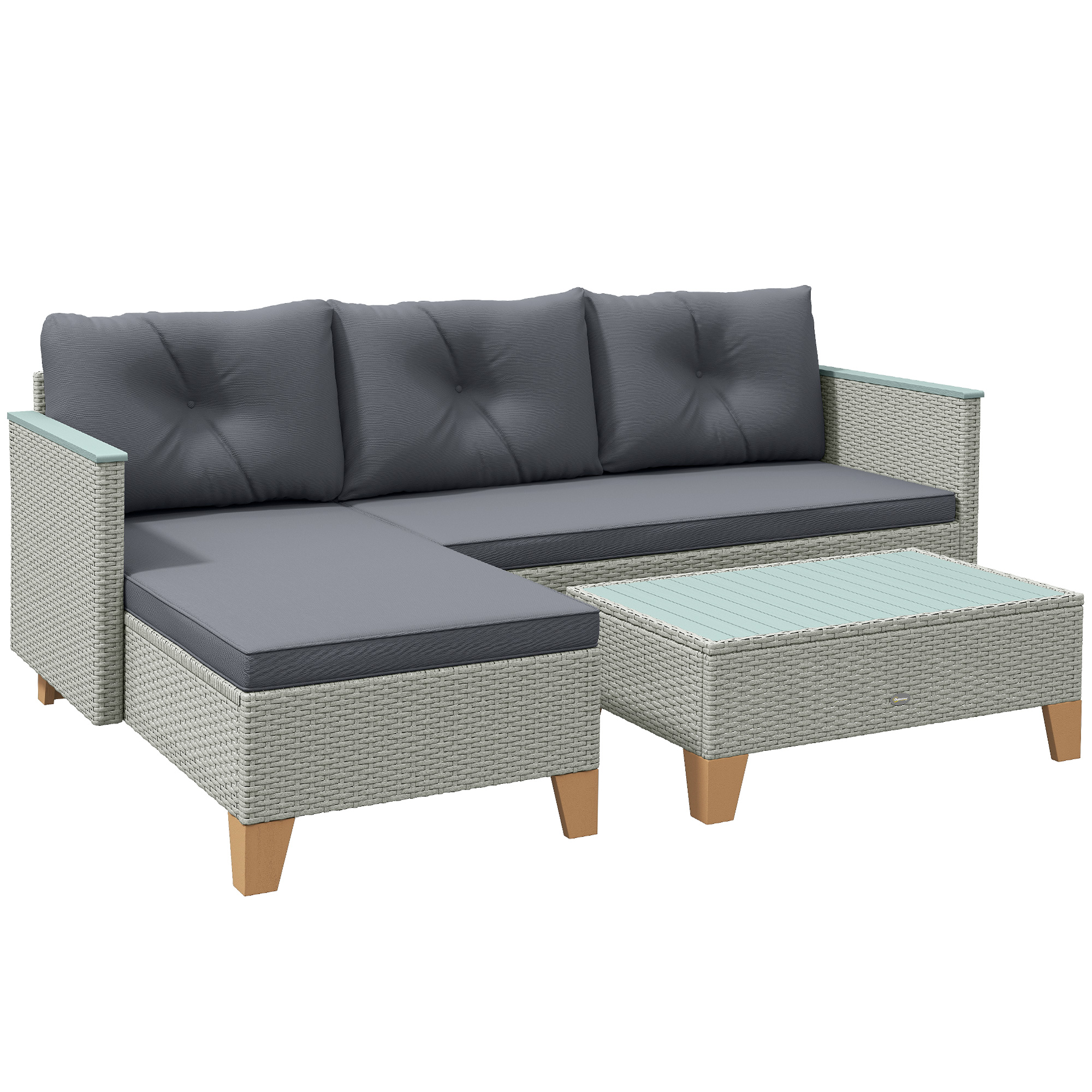 Outsunny 3 Pieces Rattan Garden Furniture Set, L Shaped Garden Conversation Chaise Lounge Furniture with Wood Top Coffee Table and Thick Cushions, Charcoal Grey
