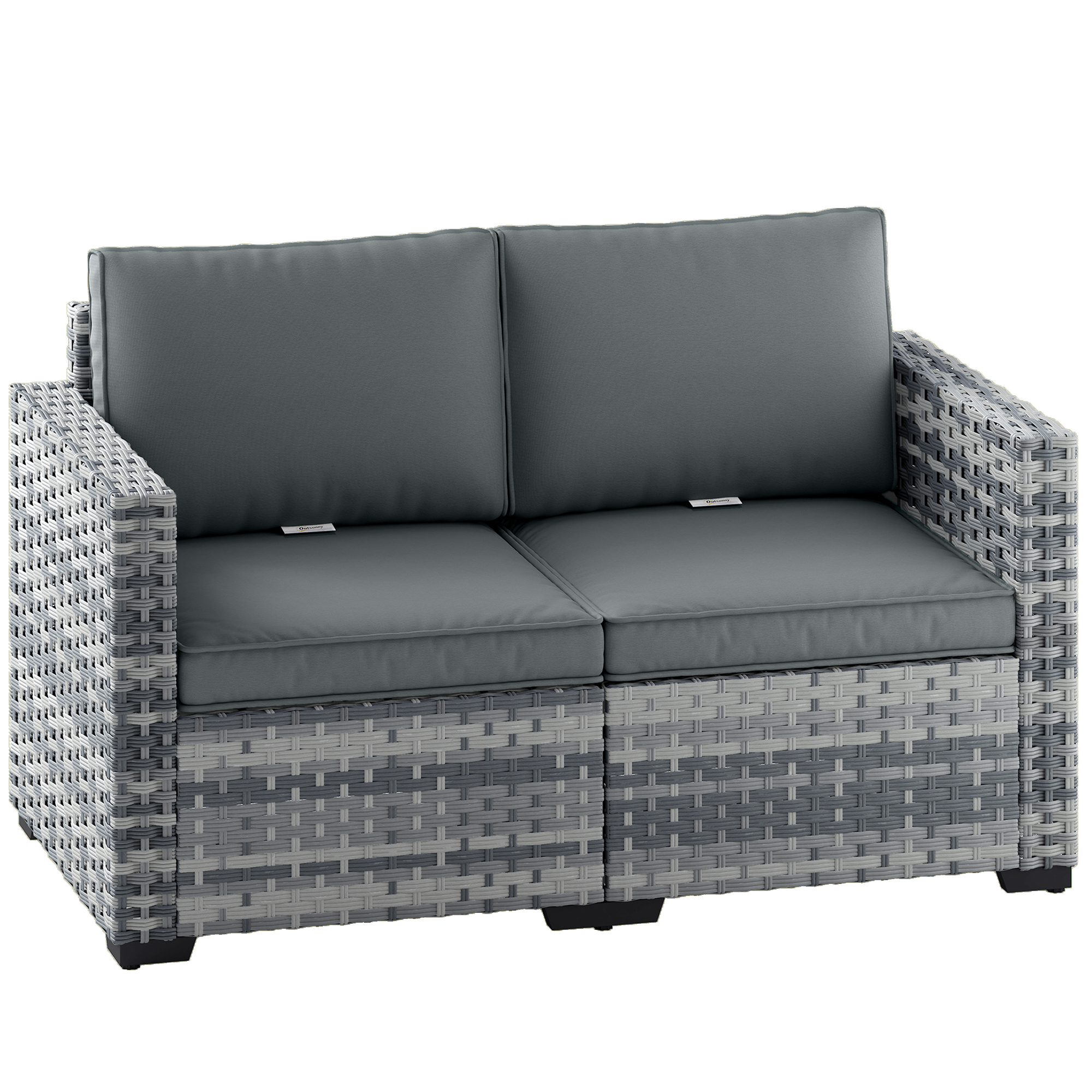 Outsunny 2 Seater Rattan Sofa, Outdoor Garden Sofa with Deep Seat, Cushions, Wide Armrests for Patio, Balcony, Porch, Mixed Grey