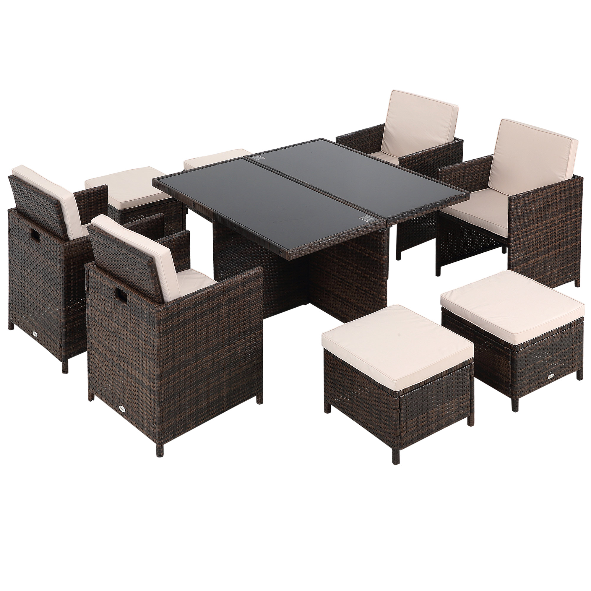 Outsunny 8 Seater Rattan Cube Garden Furniture Set, Rattan Dining Set with Cushions, Outdoor Dining Table and Chairs with 4 Armchairs, 4 Stools, Square Glass Top Table for Patio, Balcony, Bro