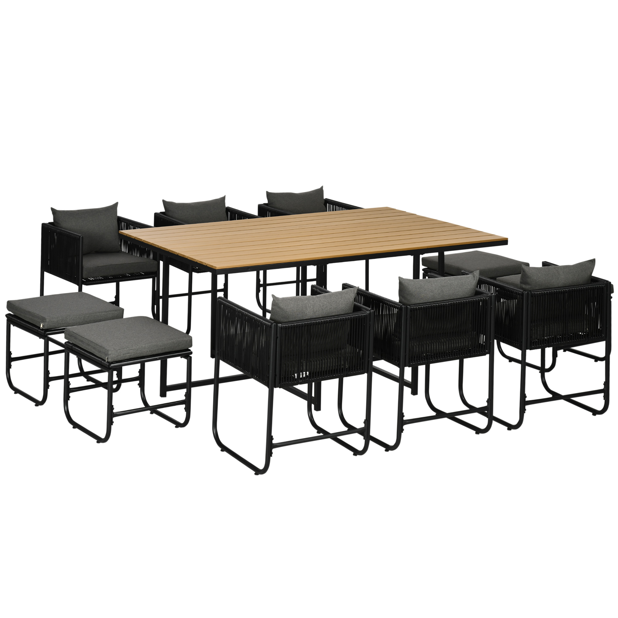 Outsunny 10 Seater Rattan Cube Garden Furniture Set, Rattan Dining Set with Cushions, Outdoor Dining Table and Chairs with 6 Armchairs, 4 Stools, Rectangular Wood Grain Plastic Top Table, Bla