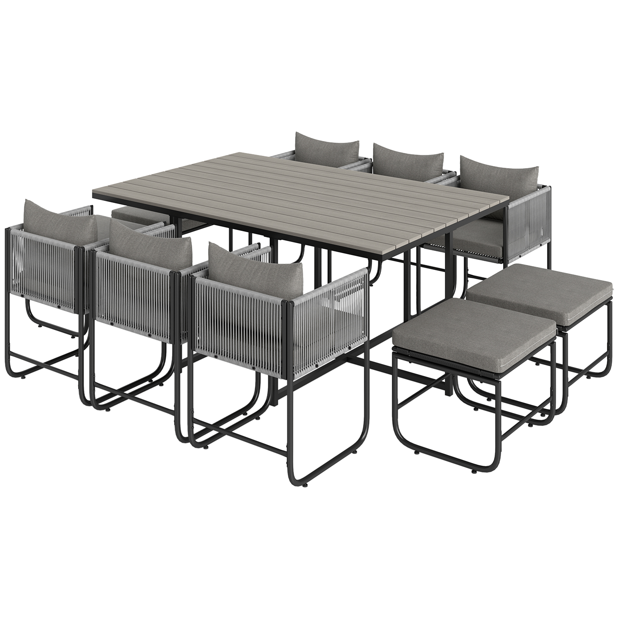 Outsunny 10 Seater Rattan Cube Garden Furniture Set, Rattan Dining Set with Cushions, Outdoor Dining Table and Chairs with 6 Armchairs, 4 Stools, Rectangular Wood Grain Plastic Top Table, Gre