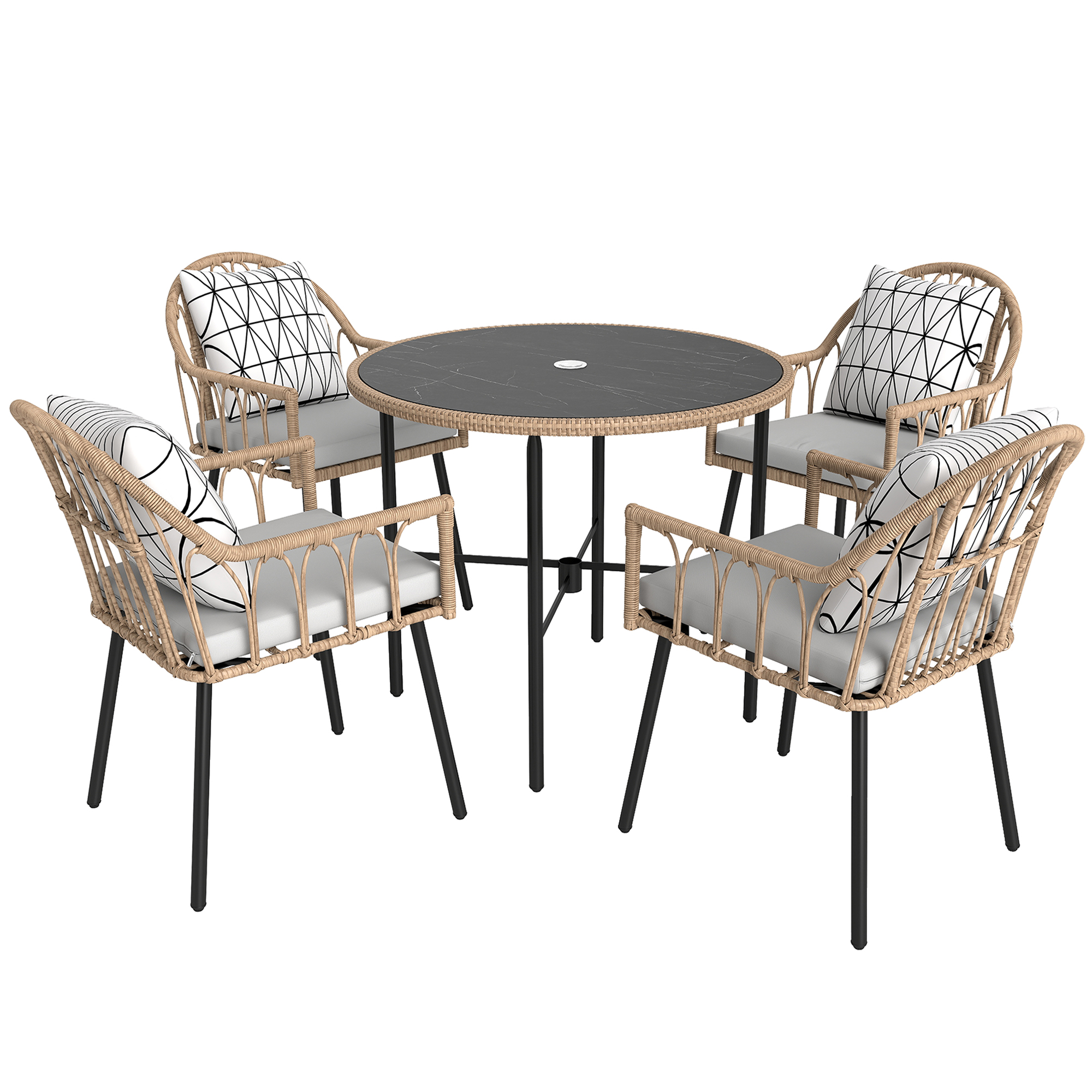 Outsunny 5 Piece Patio Rattan Dining Set, Wicker Garden Table and Chairs w/ Removable Seat & Back Cushions, Round Tempered Glass Tabletop, Parasol Hole, Outdoor Furniture Conservatory Set, Li