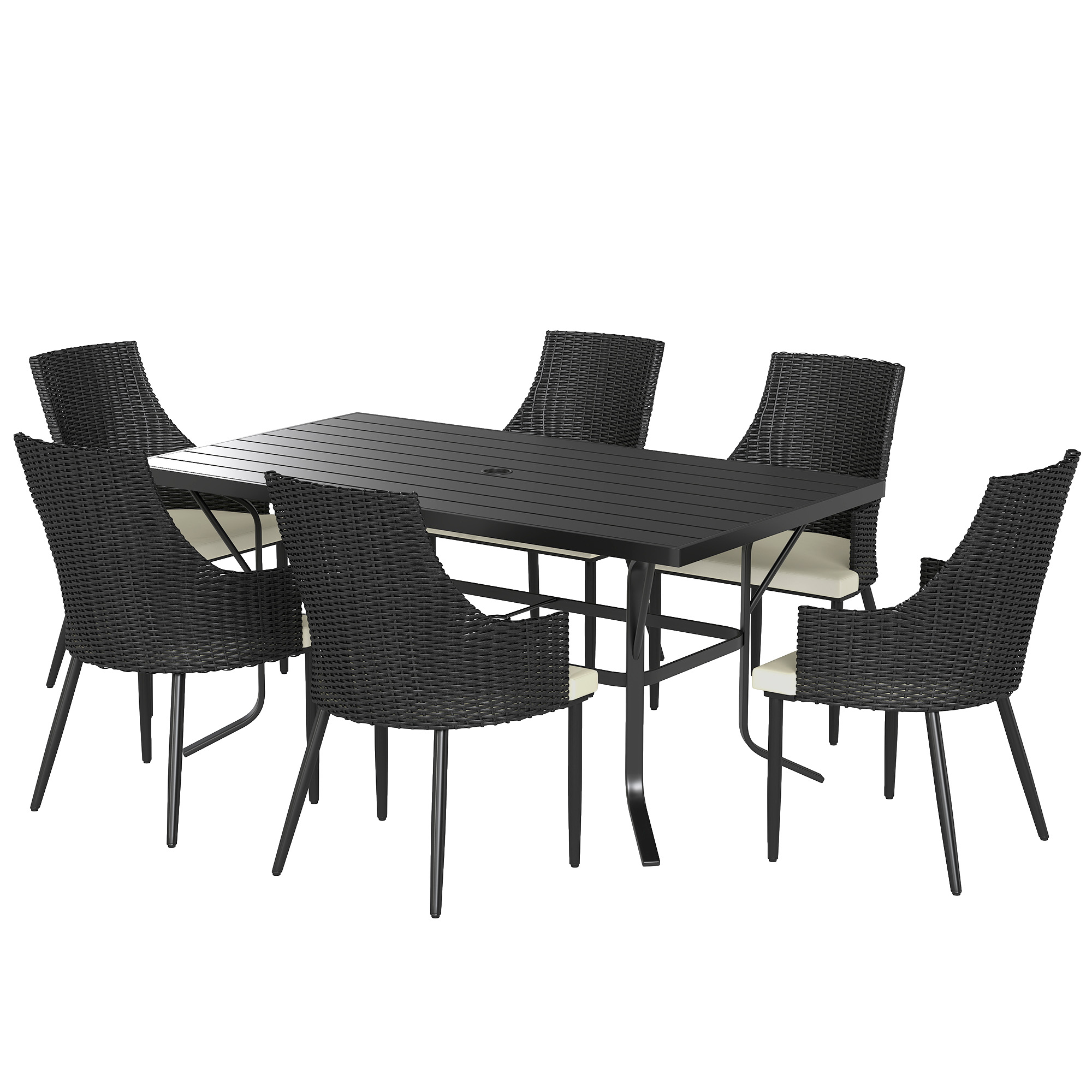 Outsunny 6 Seater Rattan Dining Set with Cushions, Garden Furniture Set with Armchairs, Rectangle Slatted Table Top, Steel Frame, Parasol Hole, Wicker Outdoor Furniture for Patio, Balcony, Cr