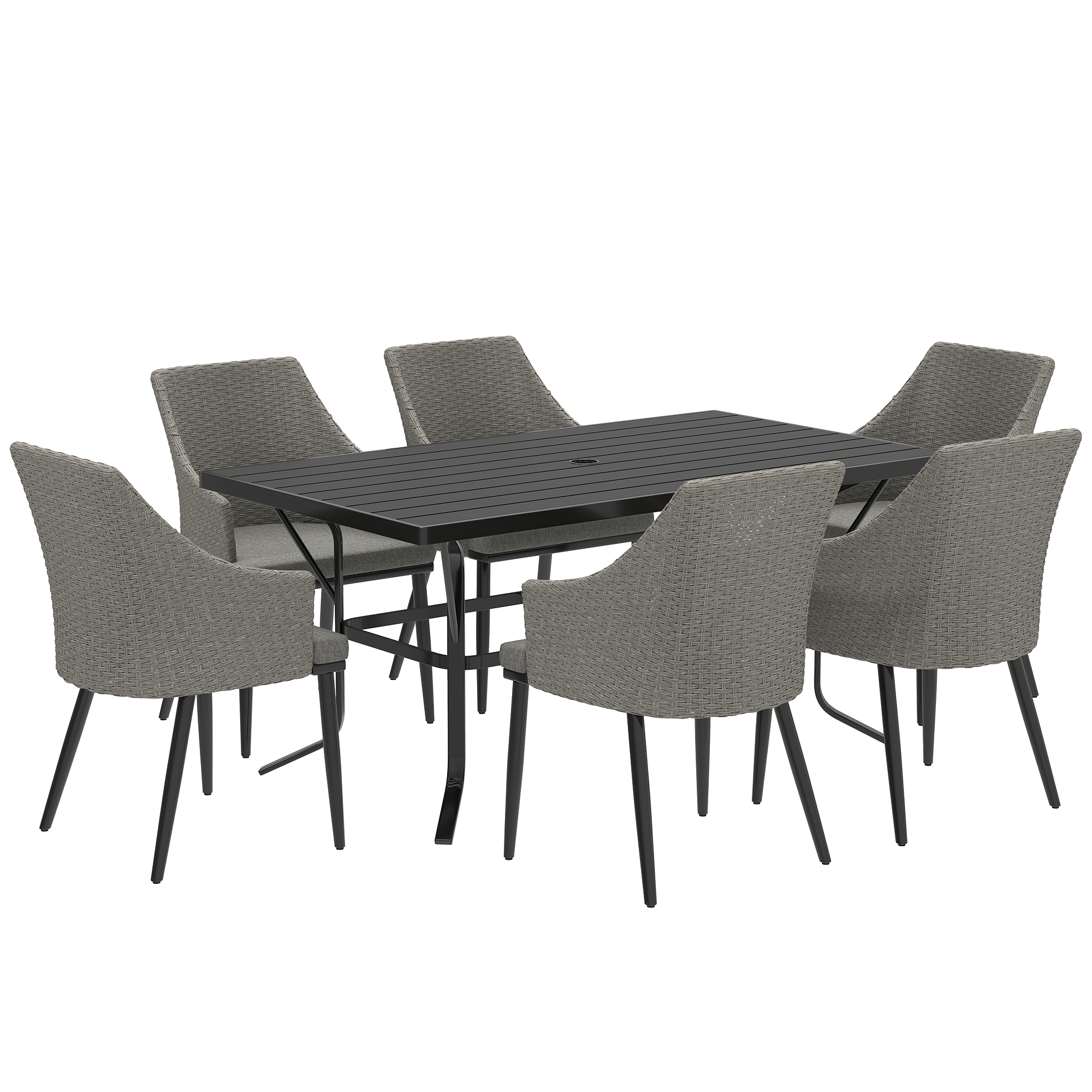 Outsunny 6 Seater Rattan Dining Set with Cushions, Garden Furniture Set with Armchairs, Rectangle Slatted Table Top, Steel Frame, Parasol Hole, Wicker Outdoor Furniture for Patio, Balcony, Gr