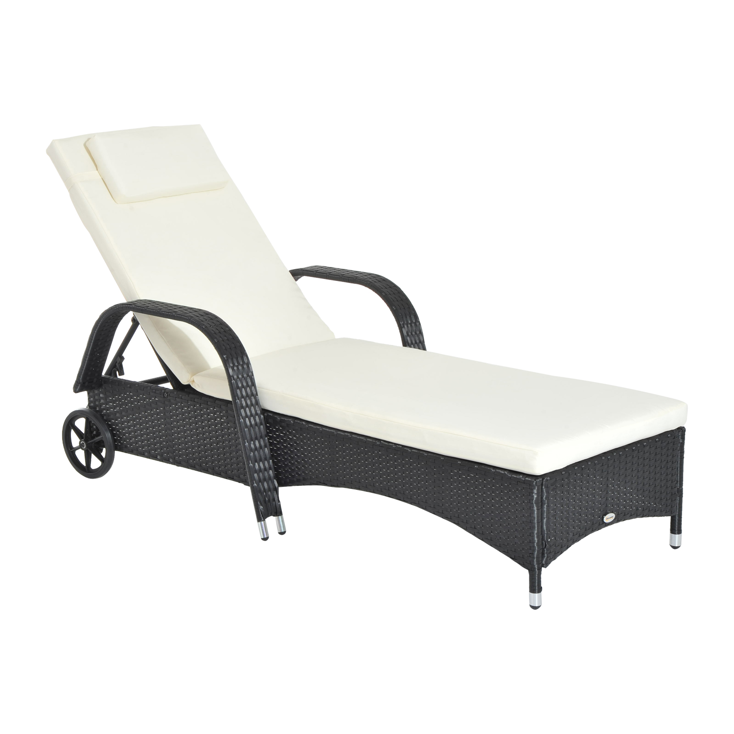 Outsunny Rattan Sun Lounger, Garden Lounger Recliner with Wheels and Adjustable Backrest, Outdoor Reclining Sunbed Garden Chair with Cushion and Headrest for Patio, Beach, Terrace, Black