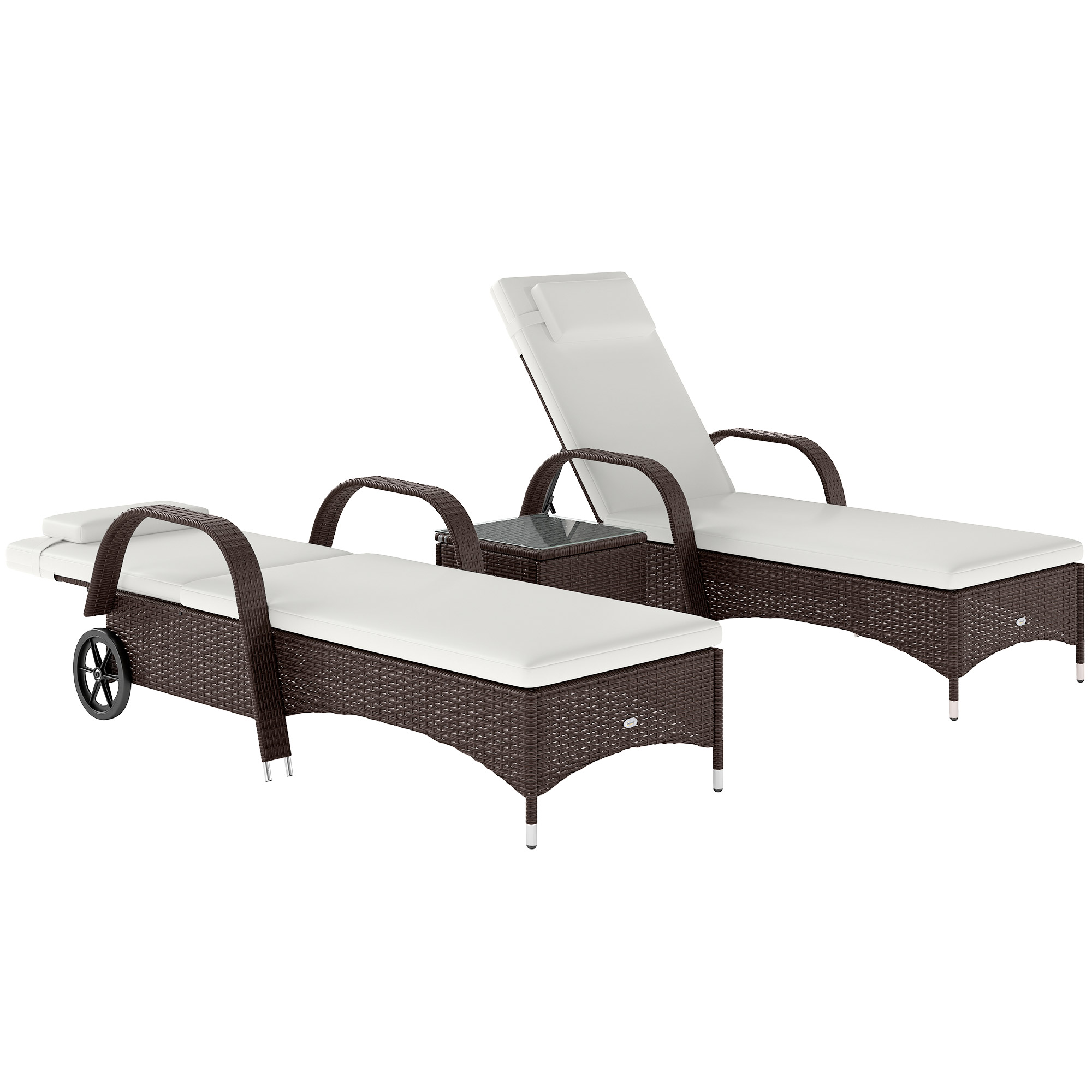 Outsunny Rattan Sun Loungers Set of 2 with Side Table, 3-Piece Garden Furniture Set, Adjustable Recliner Sunlounger Sunbed with Cushions & Headrest, Wheels, Outdoor Patio Daybed, Brown