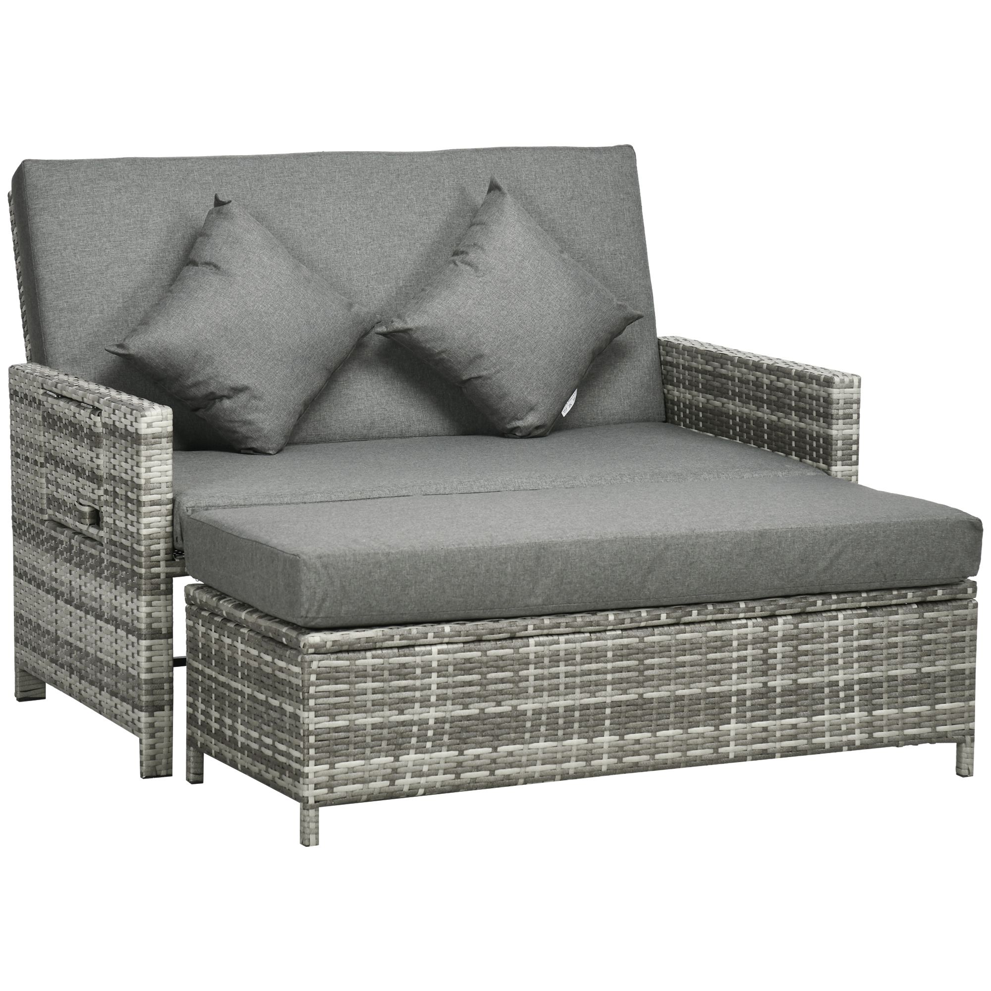 Outsunny Rattan Garden Daybed, Assembled Double Sun Lounger with 5-Level Adjustable Back, Storage Ottoman, Cushions, Pillows and Retractable Trays, Outdoor Loveseat Sofa Bed for Patio, Mixed 